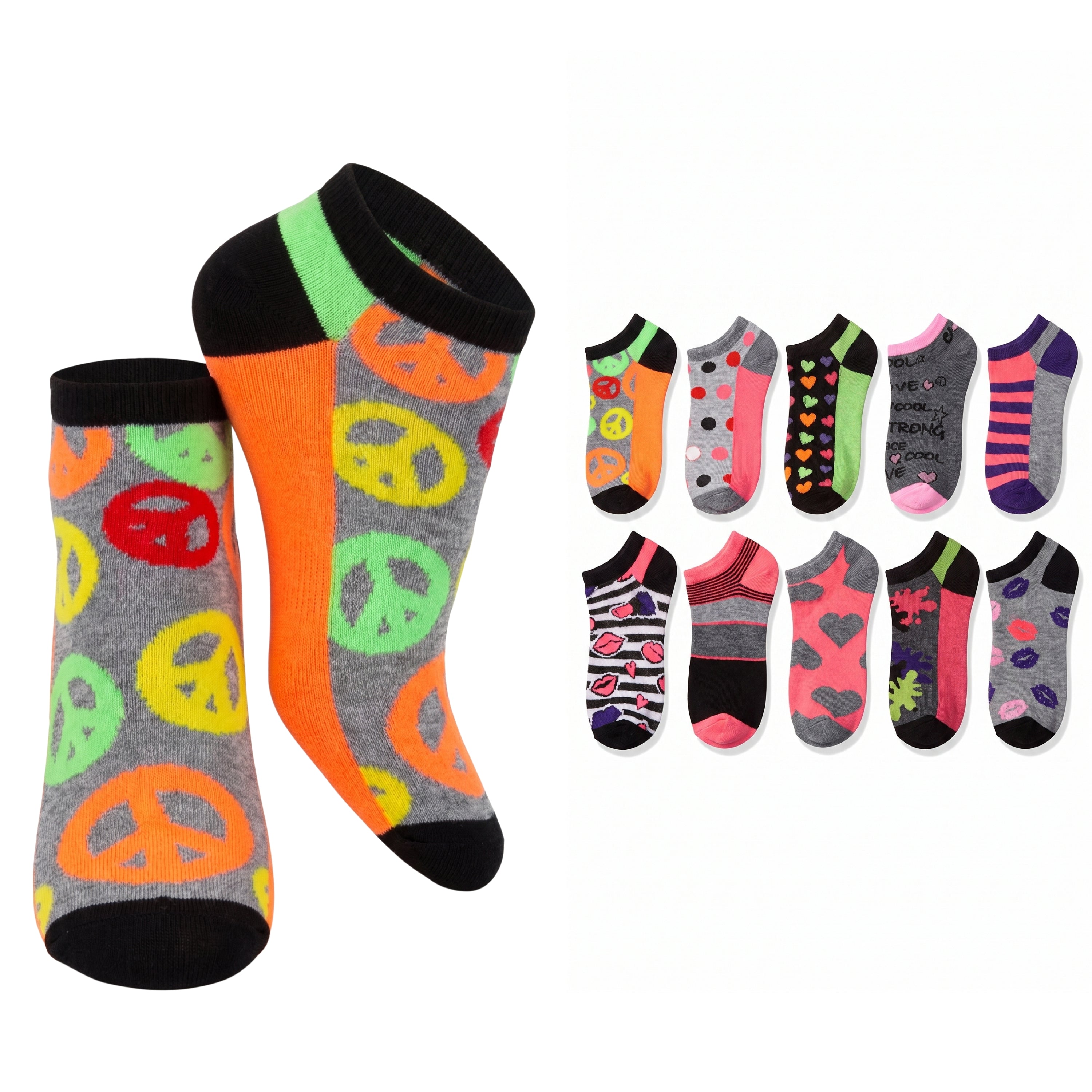 A set of low-cut socks shown on a plain white background, with two larger socks featured prominently on the left and a row of smaller color/style variants on the right. The main socks have a gray base with bright orange, green, yellow, and red peace sign patterns, plus black cuffs and toes and a lime green stripe near the top.