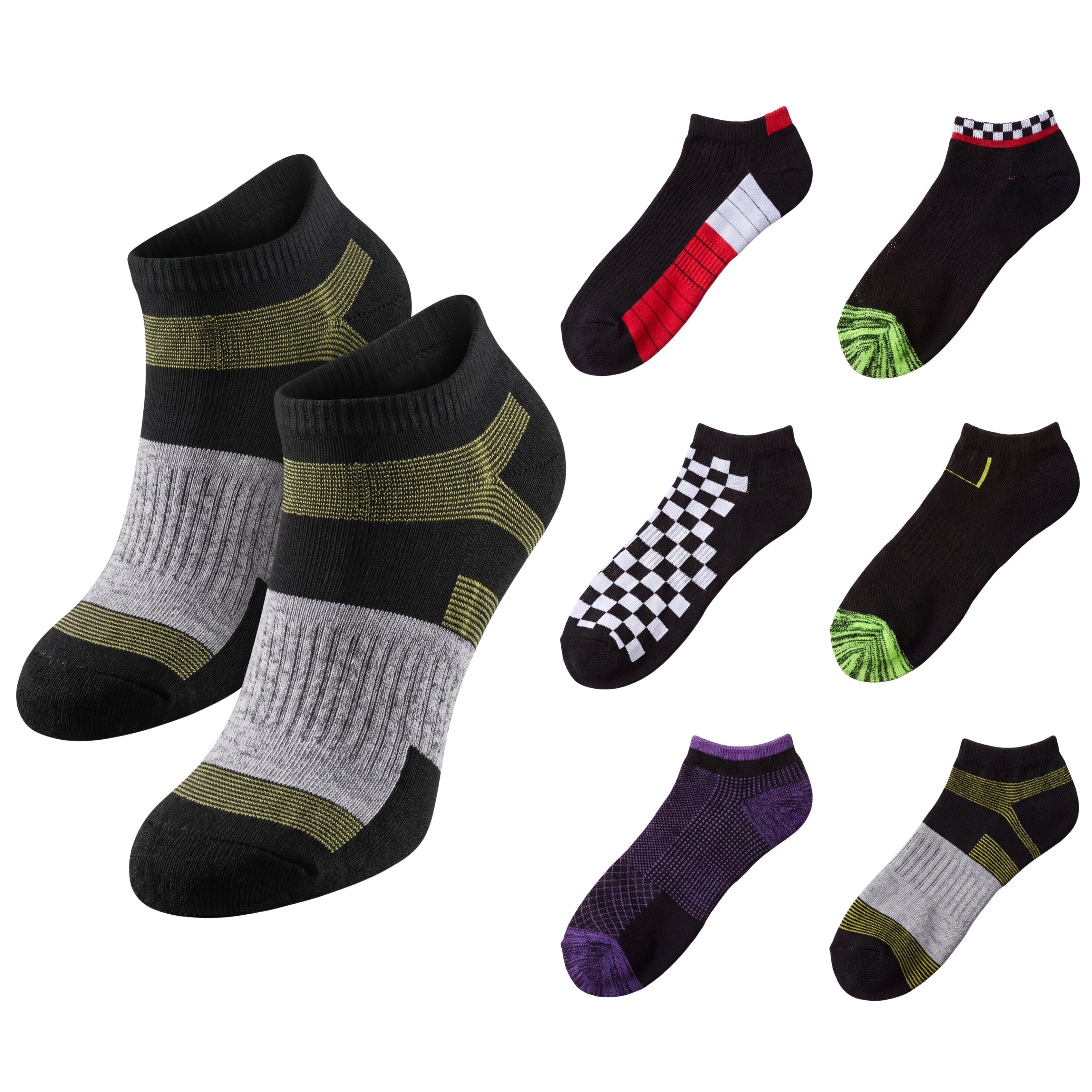 A set of eight low-cut athletic socks displayed on a clean white background, featuring various colorways including black, gray, olive green, red, purple, and checkered patterns.