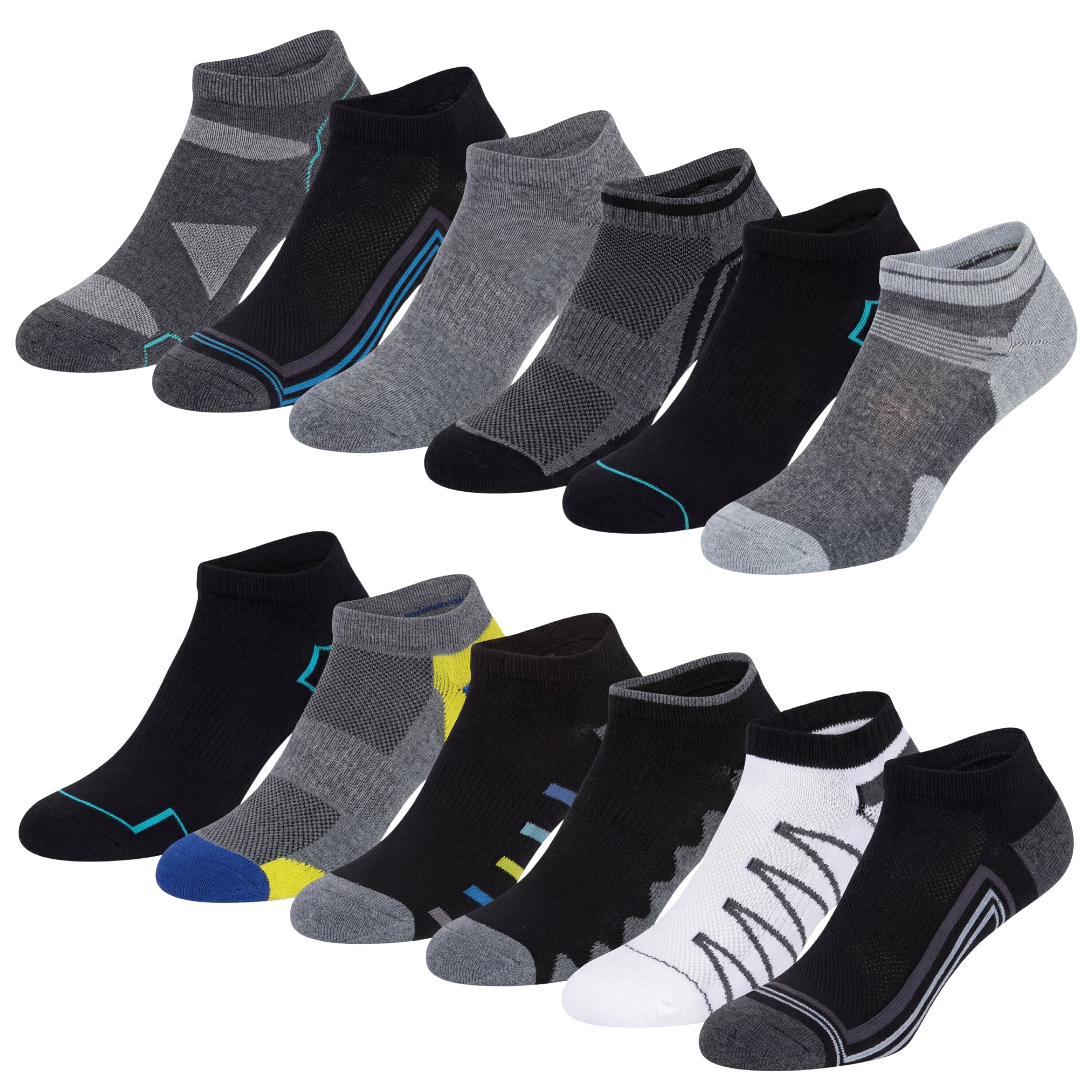Set of black, gray, and white ankle socks on a white background