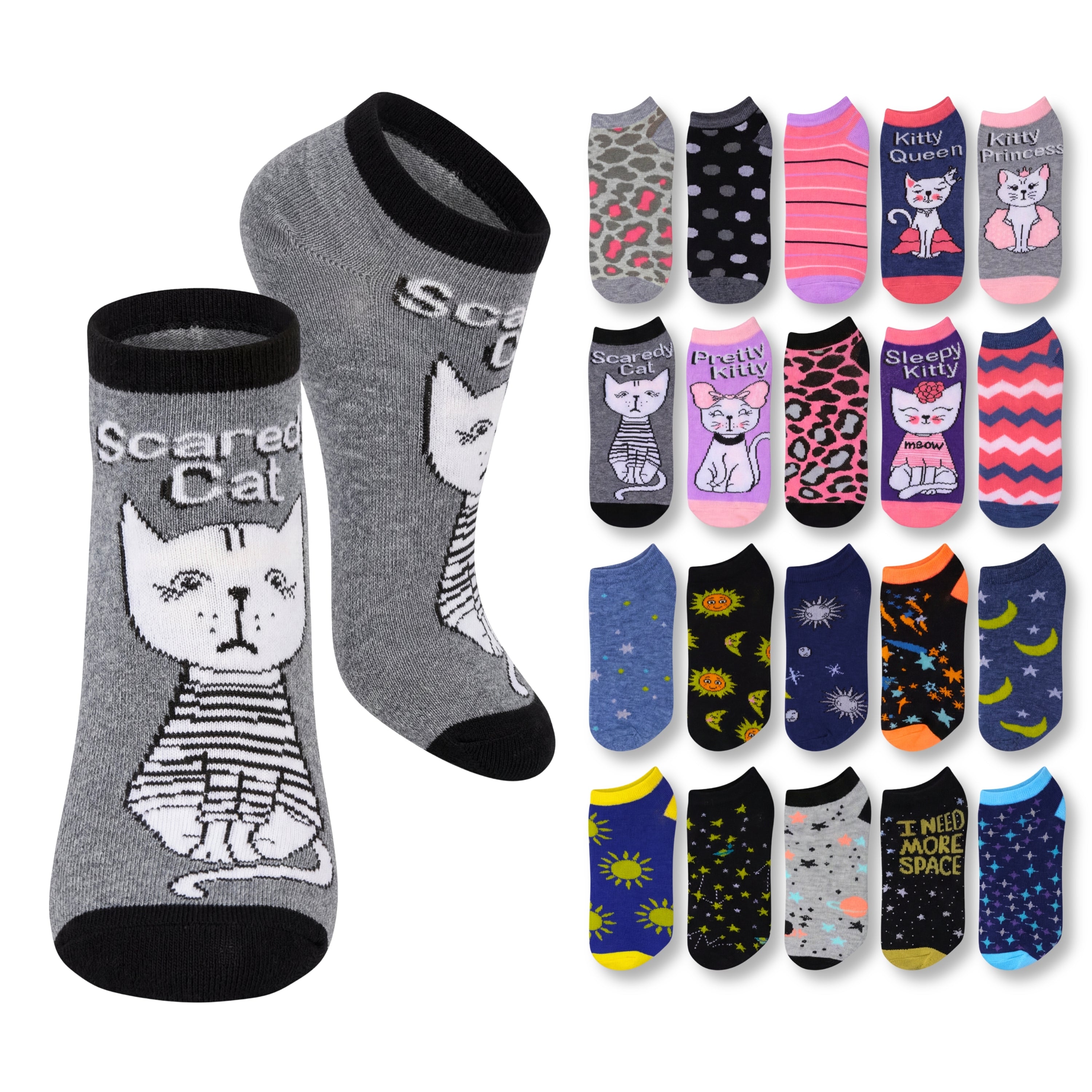 Assorted pairs of socks with cat-themed designs on a white background