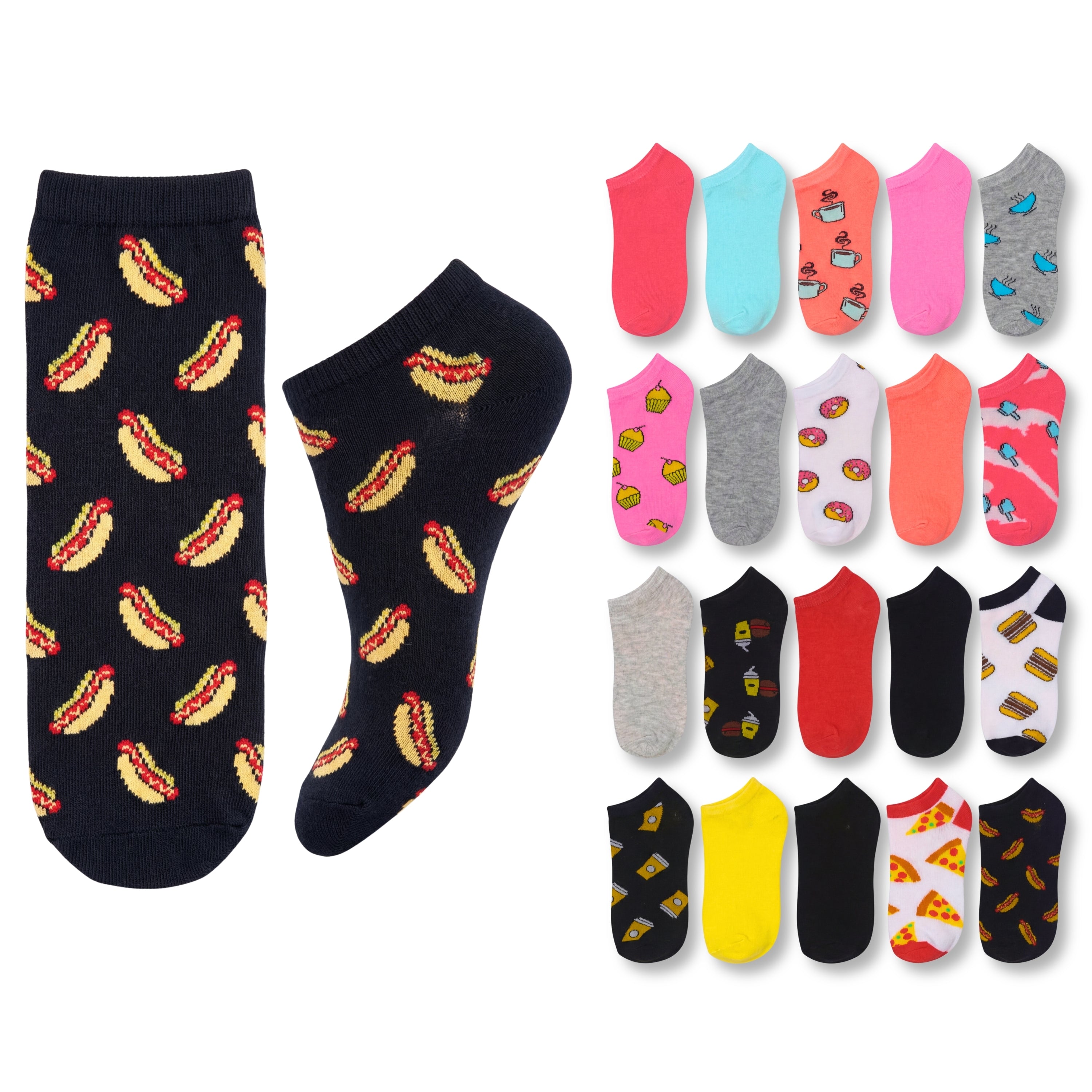 Collection of socks with various patterns on a white background