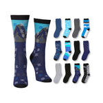 Collection of various socks with different designs on a white background