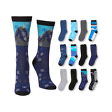 Collection of various socks with different designs on a white background