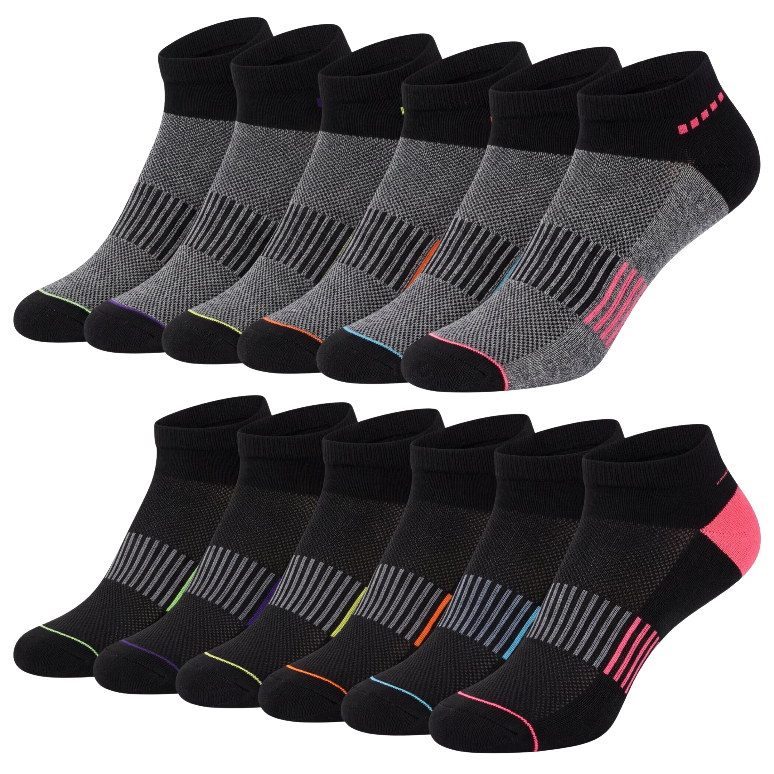Set of black and gray ankle socks with colorful accents on a white background