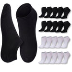 Black and white ankle socks displayed with multiple pairs of each color on a white background.