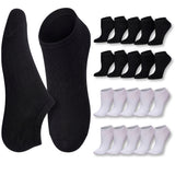 Black and white ankle socks displayed with multiple pairs of each color on a white background.