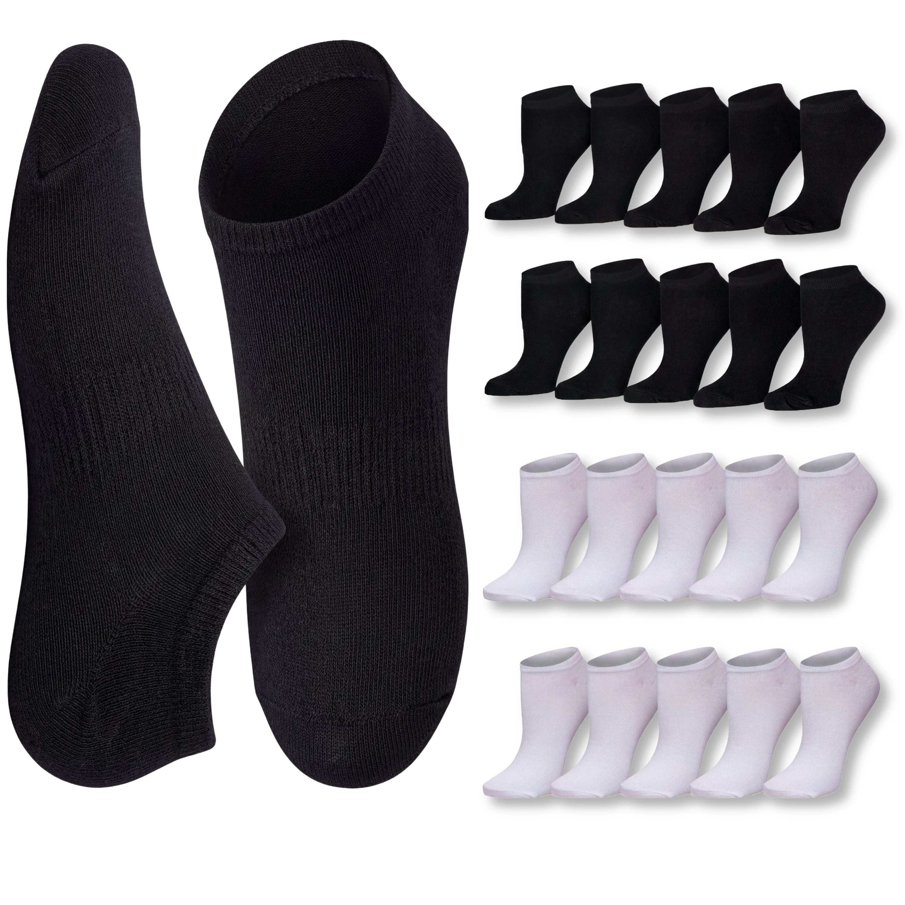 Black and white ankle socks displayed with multiple pairs of each color on a white background.