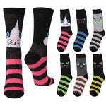 A set of novelty crew socks featuring cartoon cat faces and colorful stripes, shown in multiple colorways against a plain white background.