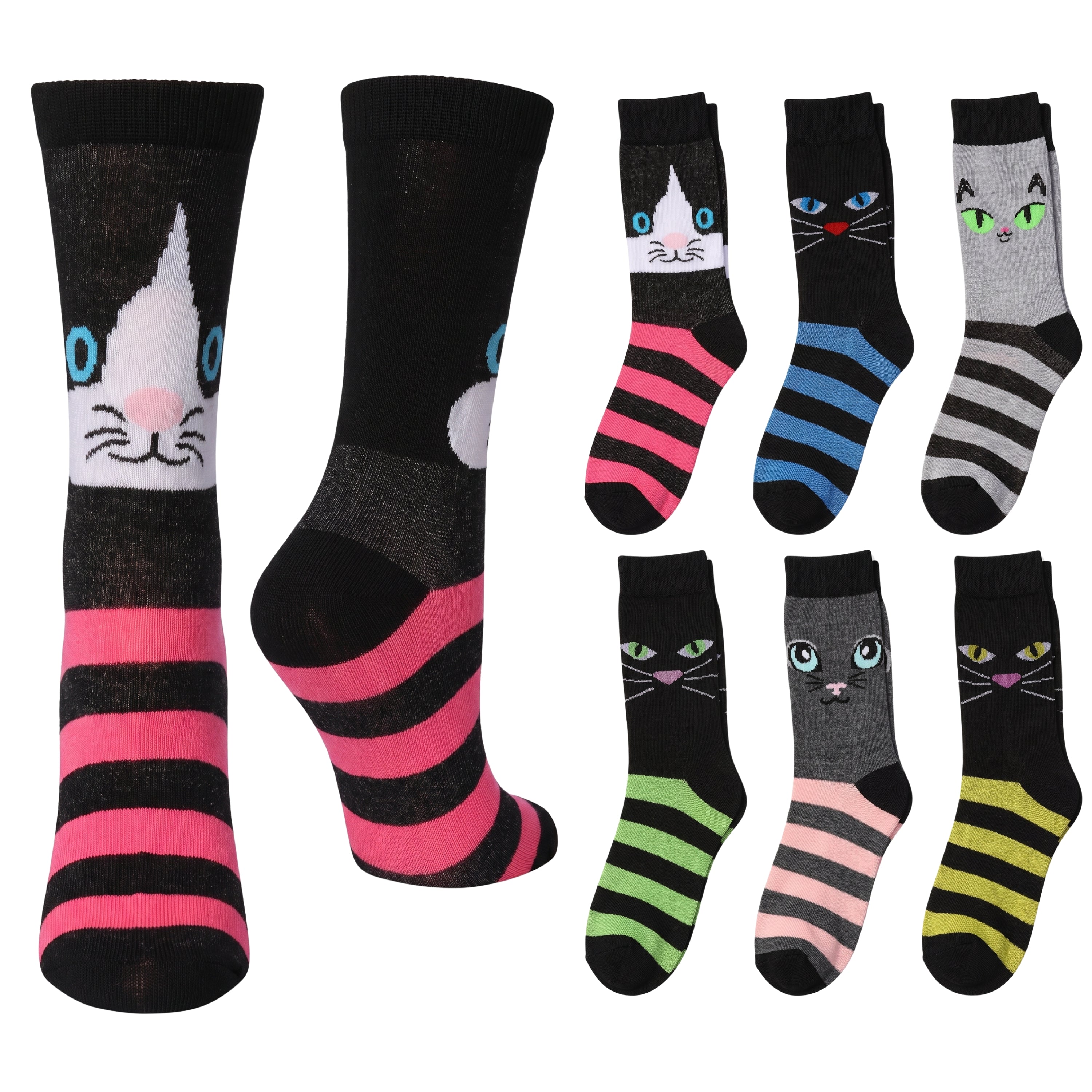 A set of novelty crew socks featuring cartoon cat faces and colorful stripes, shown in multiple colorways against a plain white background.