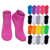 Two pink socks with a variety of colorful socks displayed on a white background