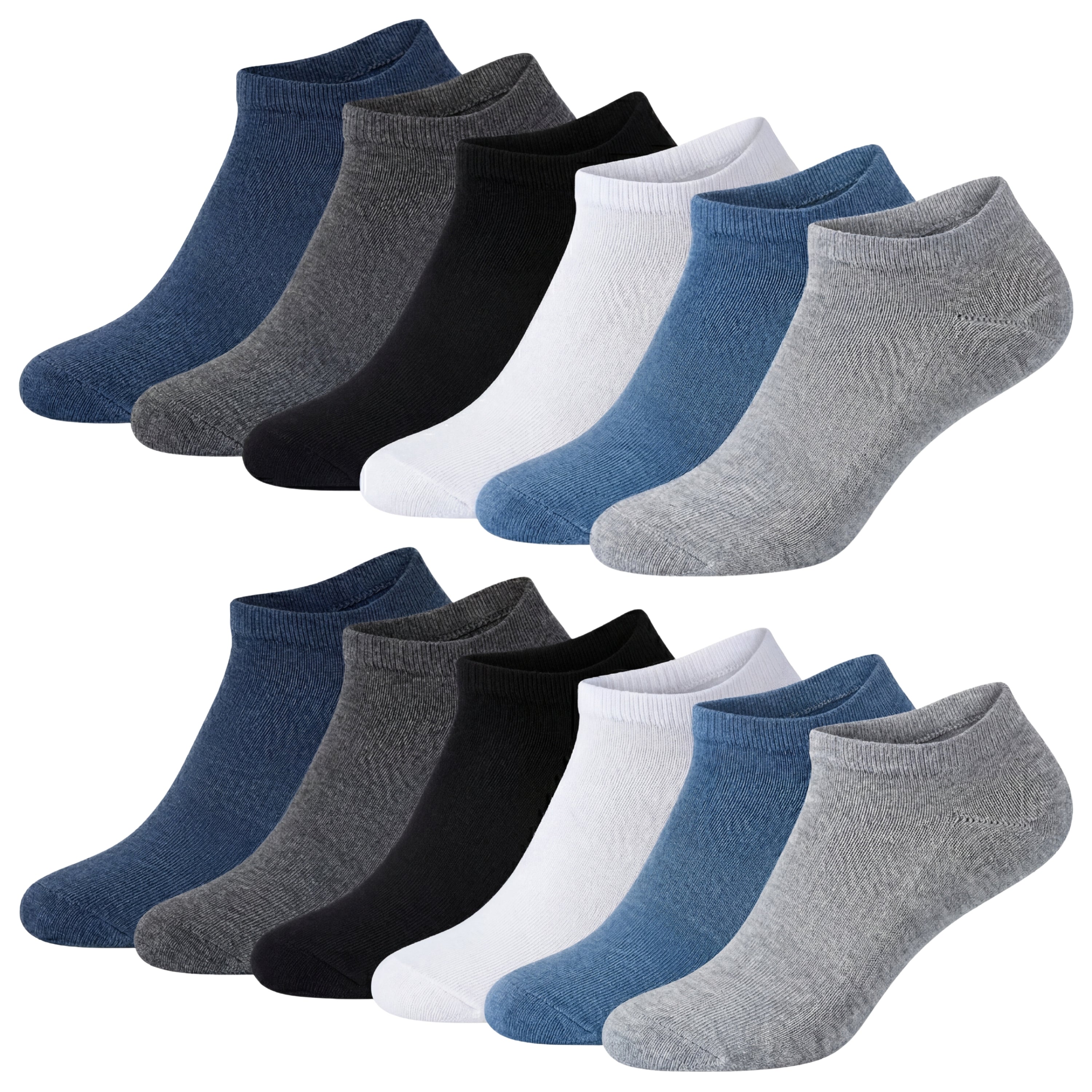 Set of multiple pairs of ankle socks in various colors on a white background