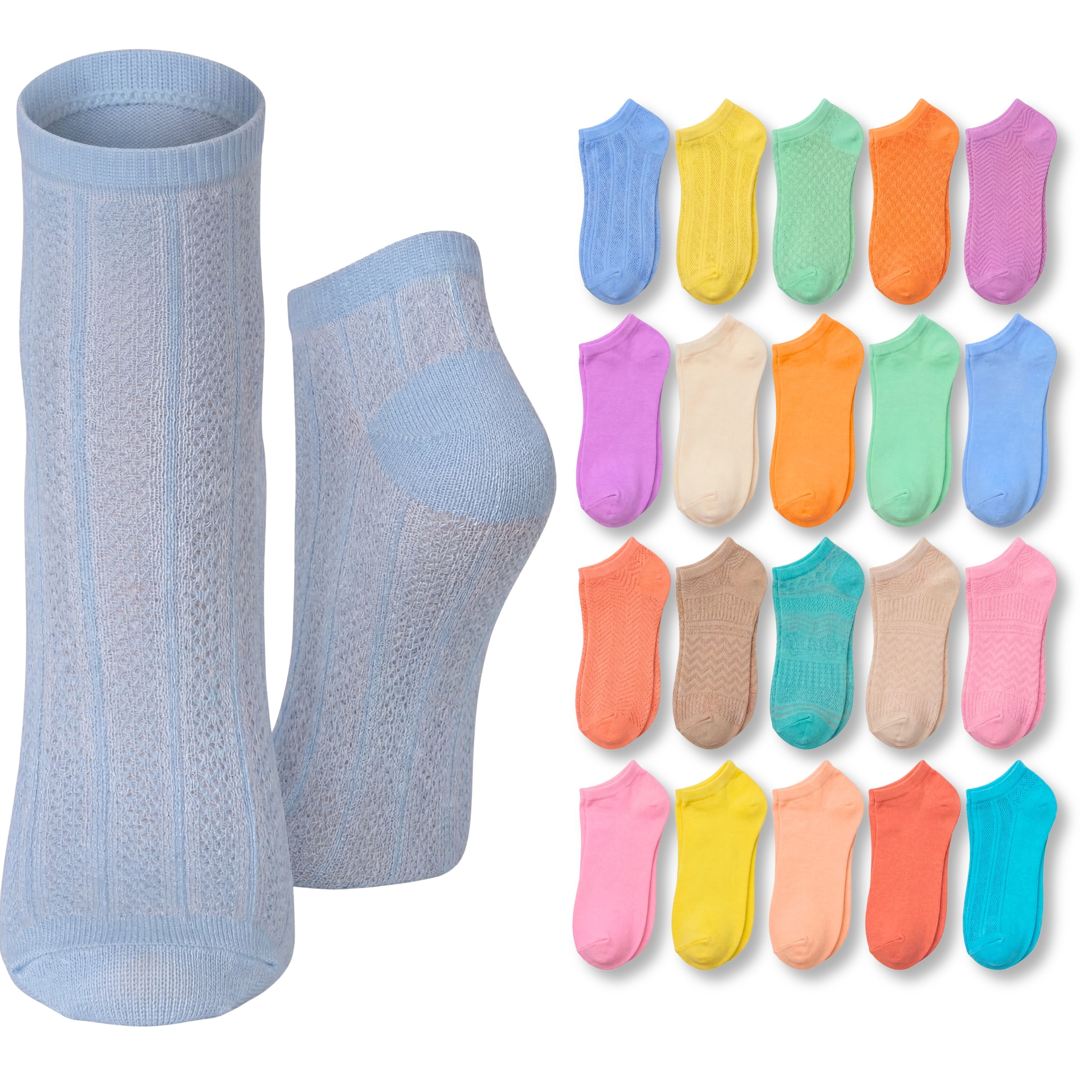 Light blue ankle socks with a set of colorful ankle socks displayed below on a white background.