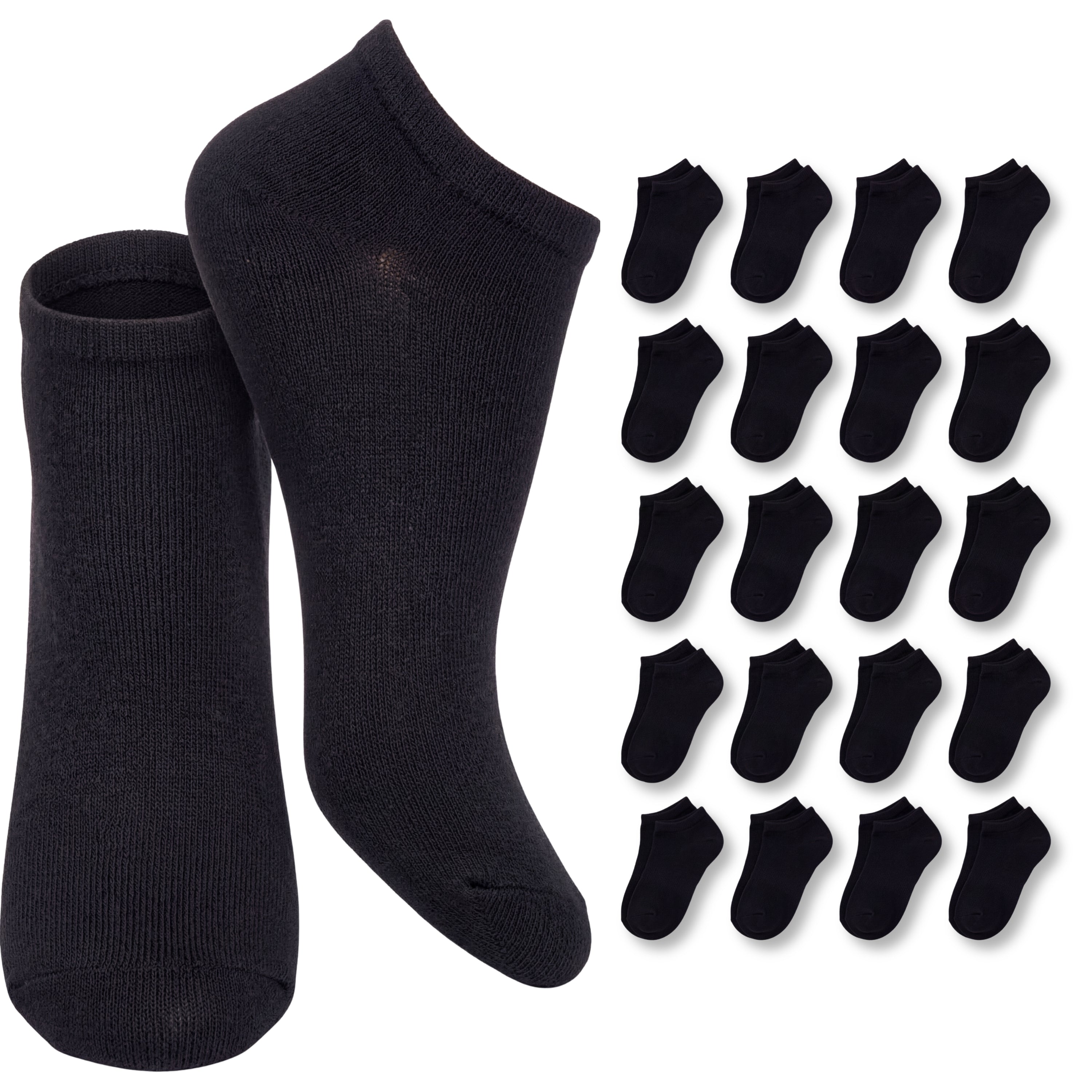 Two black socks with a set of 20 additional black socks on a white background