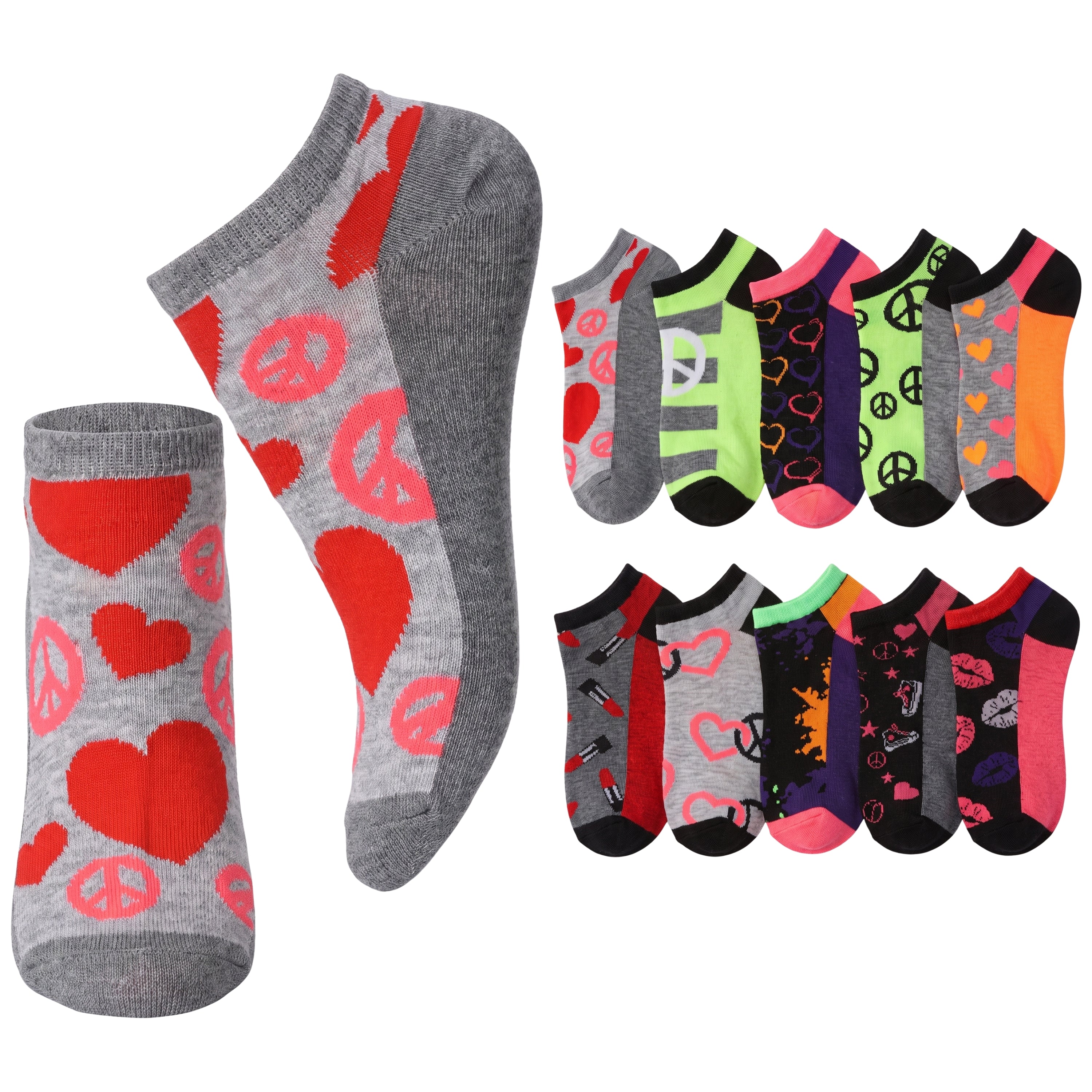 A set of low-cut ankle socks shown on a plain white background, including one large gray sock with red hearts and peace signs, a matching gray sock laid flat, and eight smaller socks in assorted colors and patterns on the right.