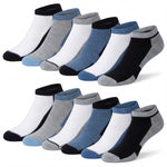 Set of six pairs of ankle socks in black, blue, and gray on a white background