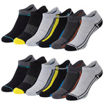 Set of six pairs of ankle socks in black, gray, and multicolor on a white background