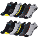 Set of six pairs of ankle socks in black, gray, and multicolor on a white background
