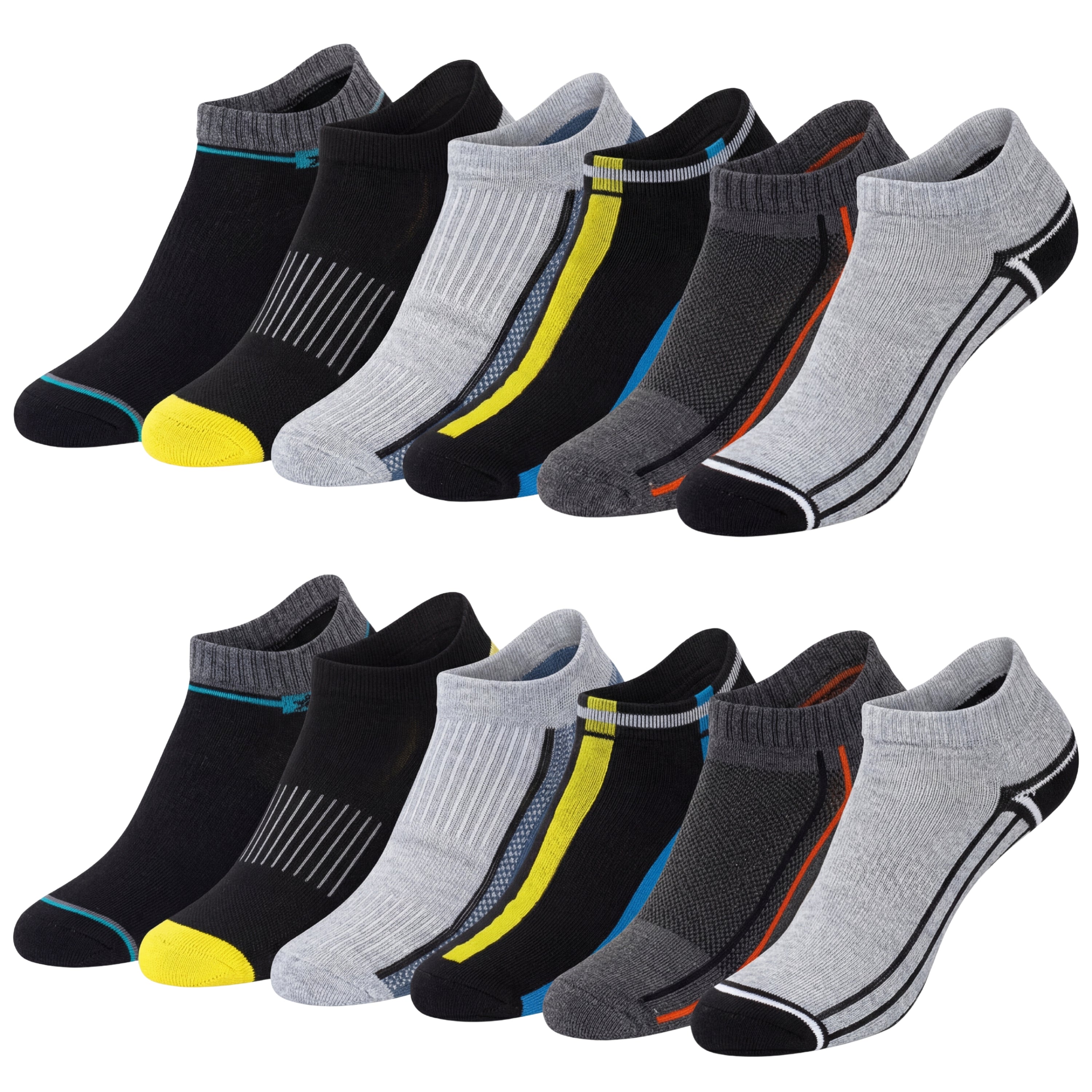 Set of six pairs of ankle socks in black, gray, and multicolor on a white background