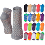 Two gray patterned socks with a display of colorful socks on a white background
