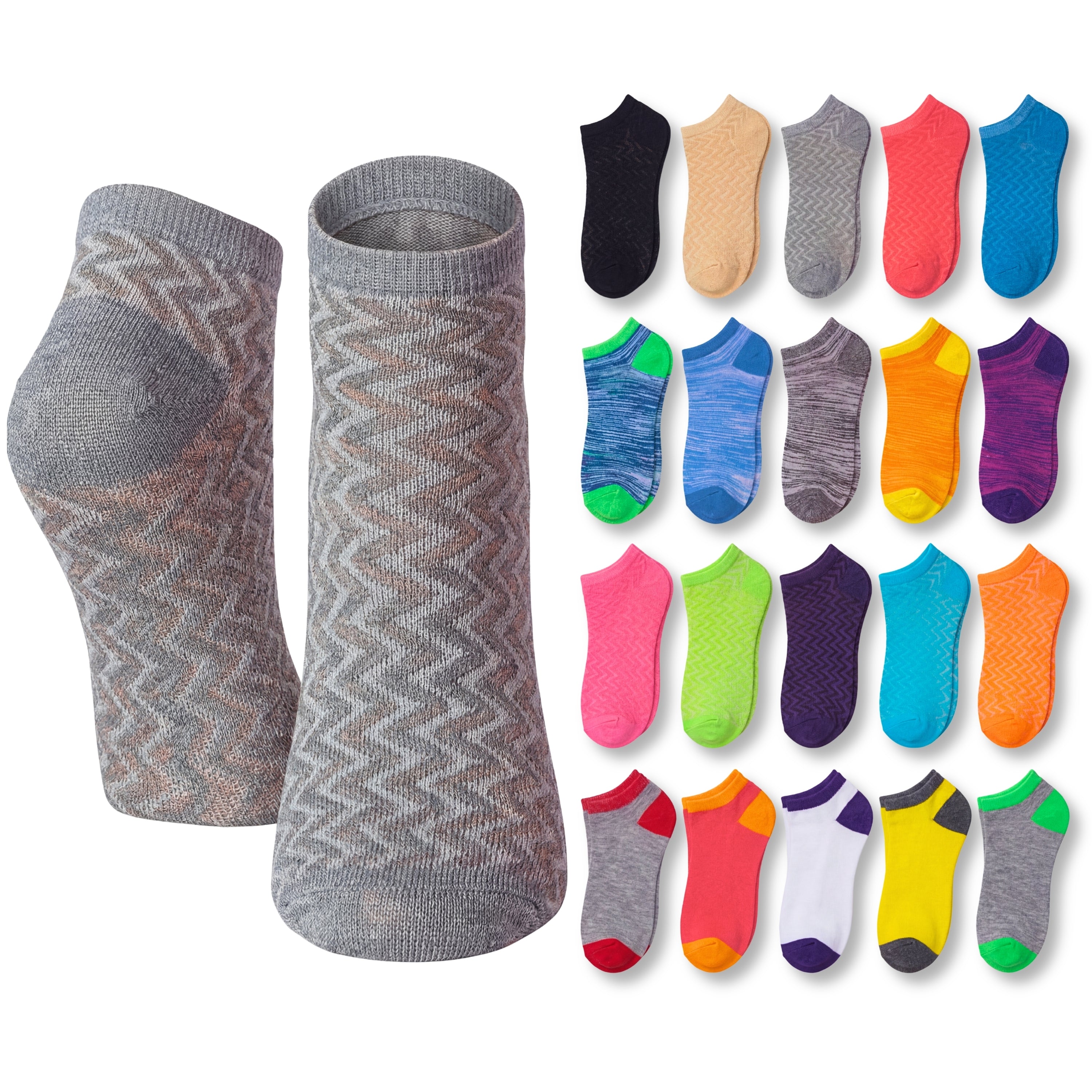 Two gray patterned socks with a display of colorful socks on a white background