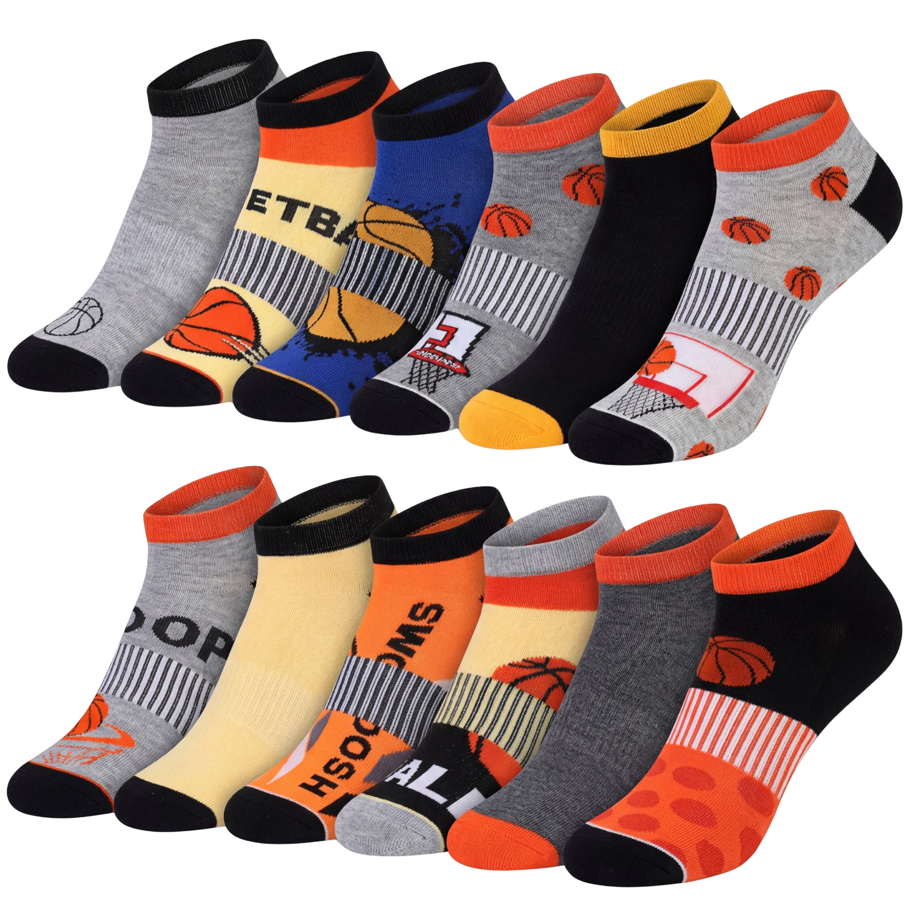 Set of colorful socks with basketball designs on a white background