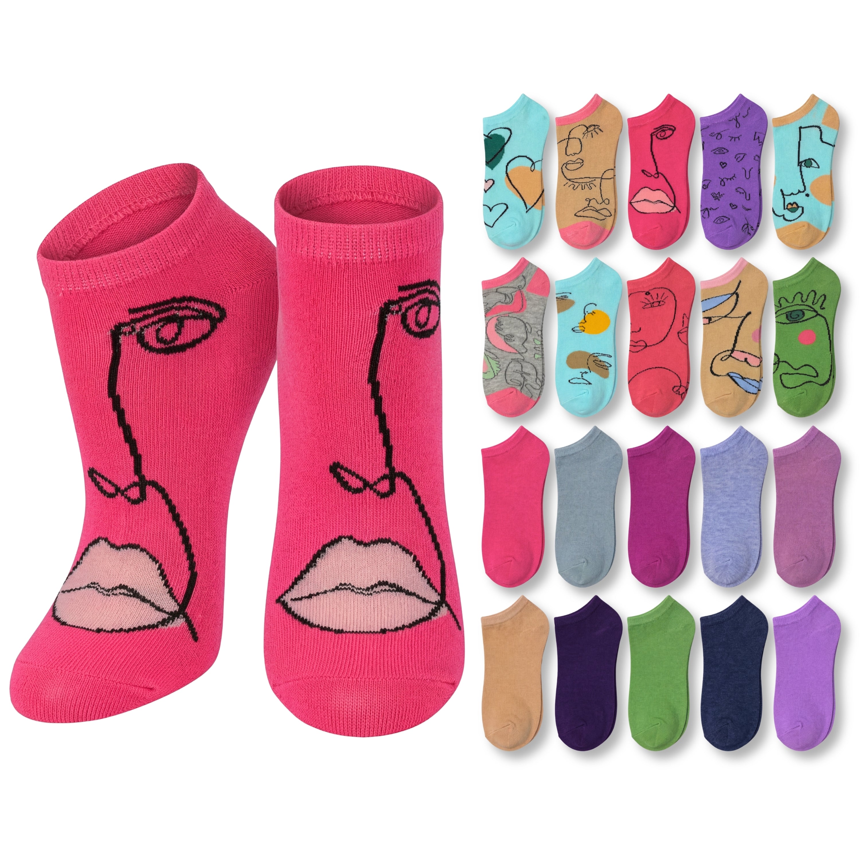 Set of pink socks with face designs and additional colorful socks displayed on a white background
