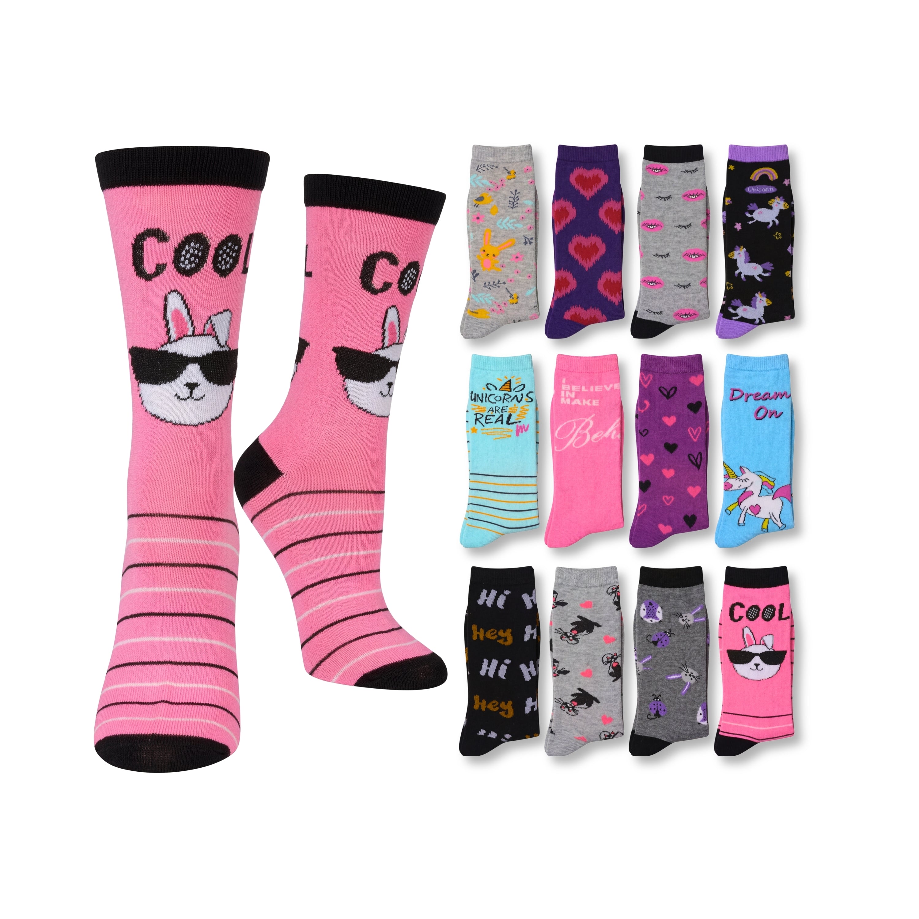 Assorted colorful socks with various designs on a white background