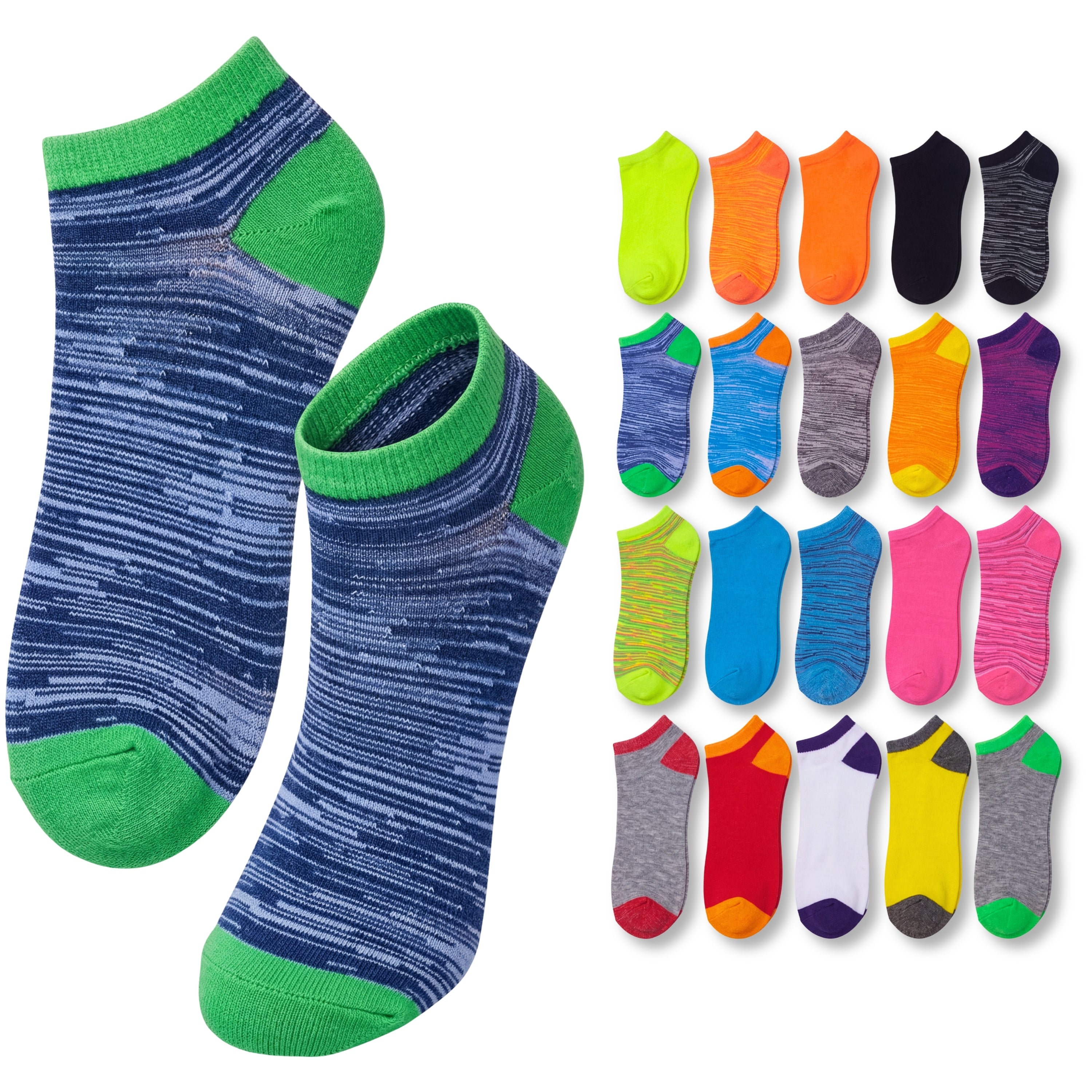 Colorful socks with green accents on a white background
