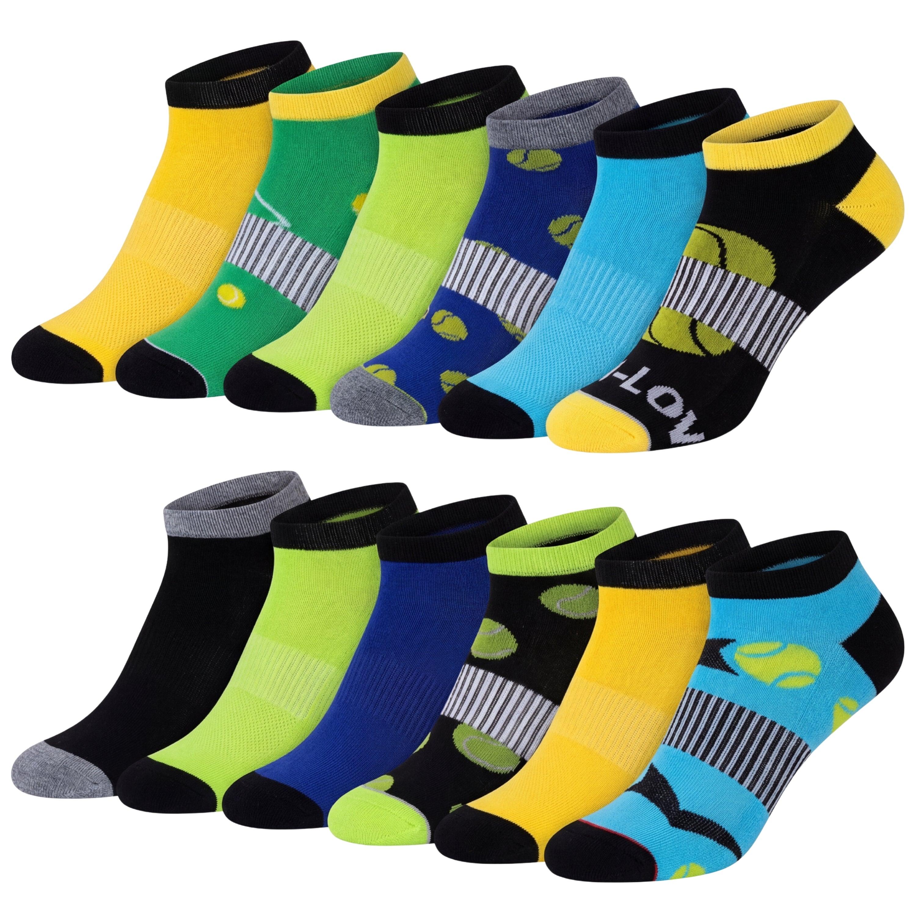 Set of colorful socks with various patterns on a white background