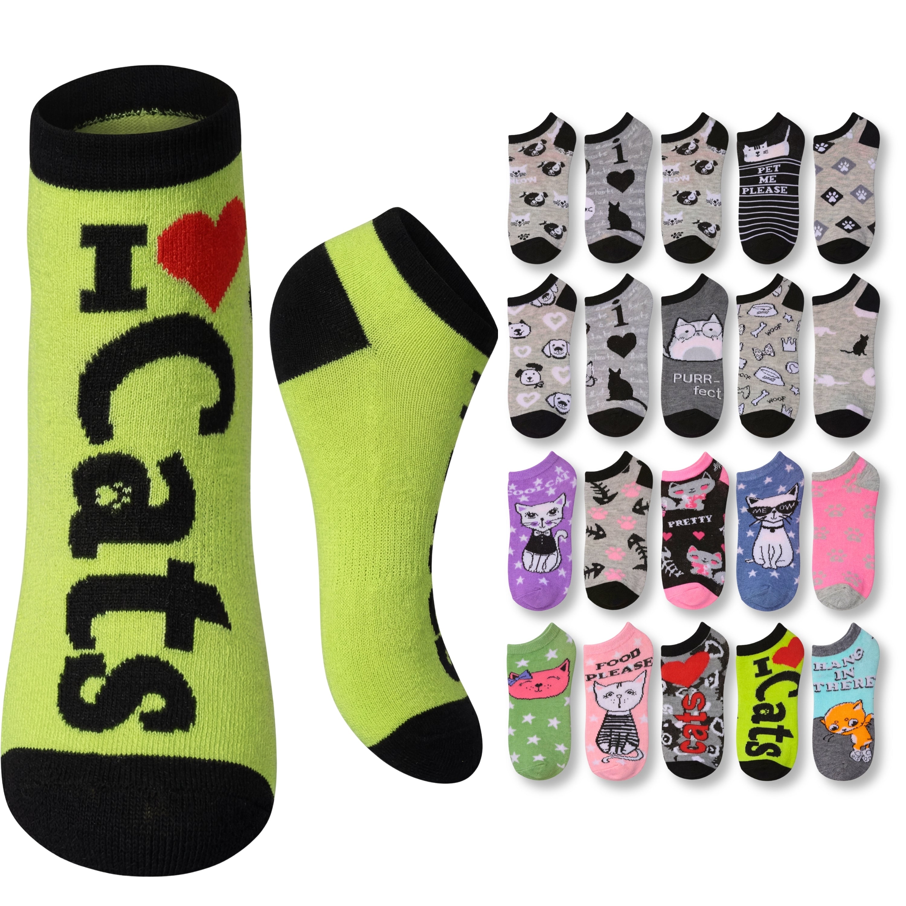 Collection of socks with various designs and colors, including a bright green pair with 'I ❤️ Cats' text.