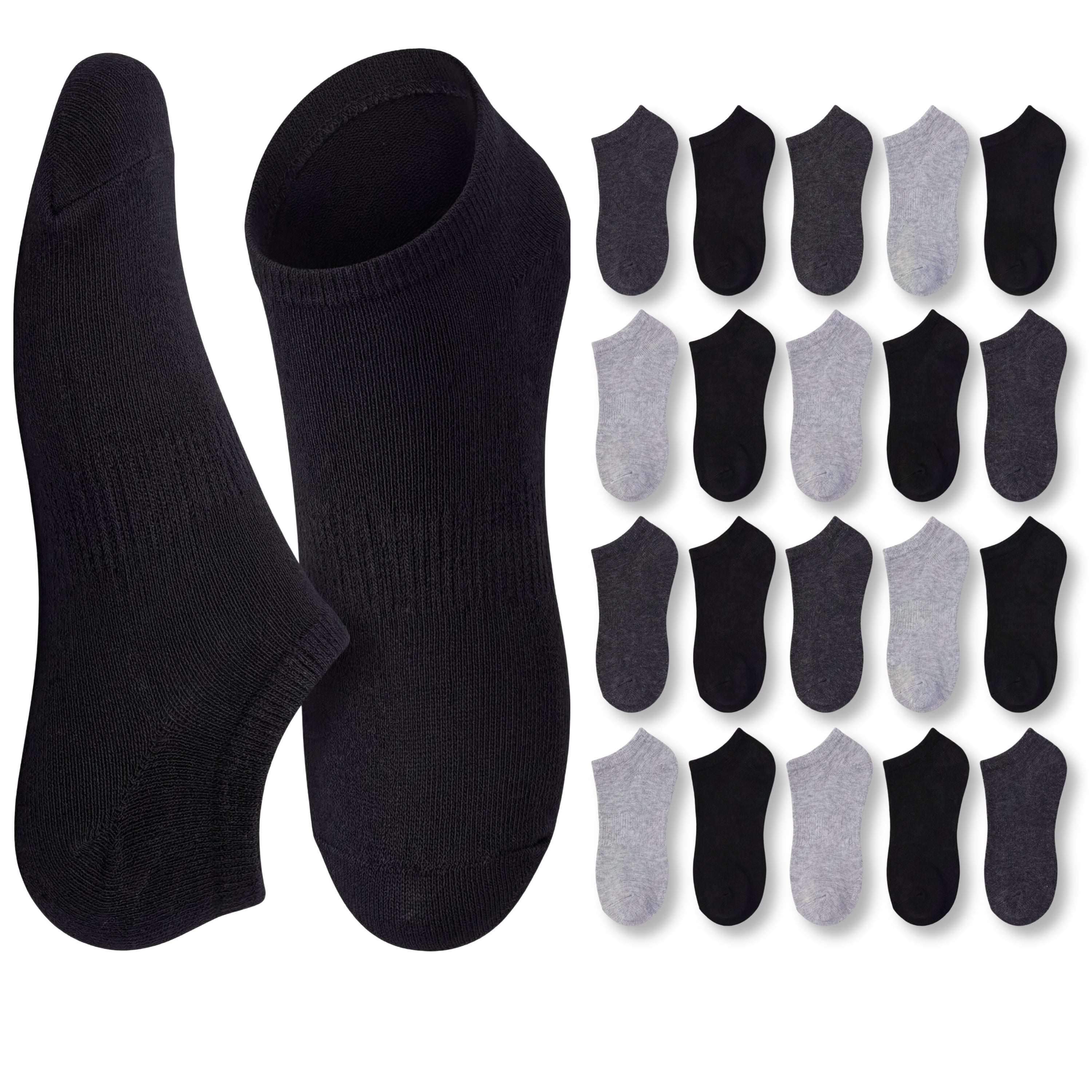 Black and gray ankle socks with a mix of black, gray, and white pairs on a white background
