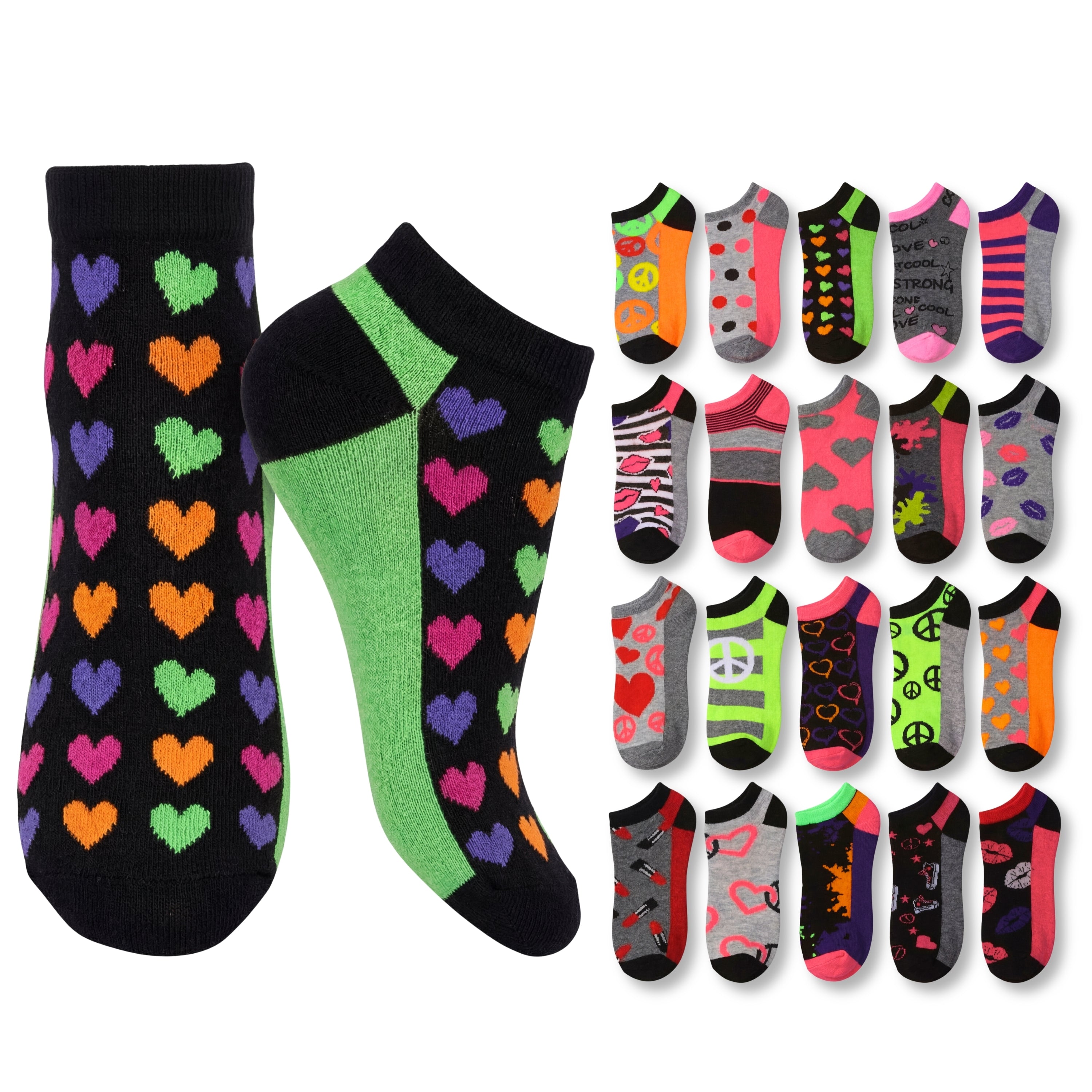 Colorful heart-patterned socks with a selection of other socks on a white background