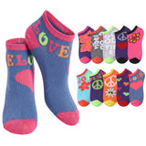 A pair of low-cut socks shown on a white background, with additional color variants arranged to the right. The main sock is blue with pink toe and cuff areas, and the word LOVE is knitted in multicolor letters across the top.