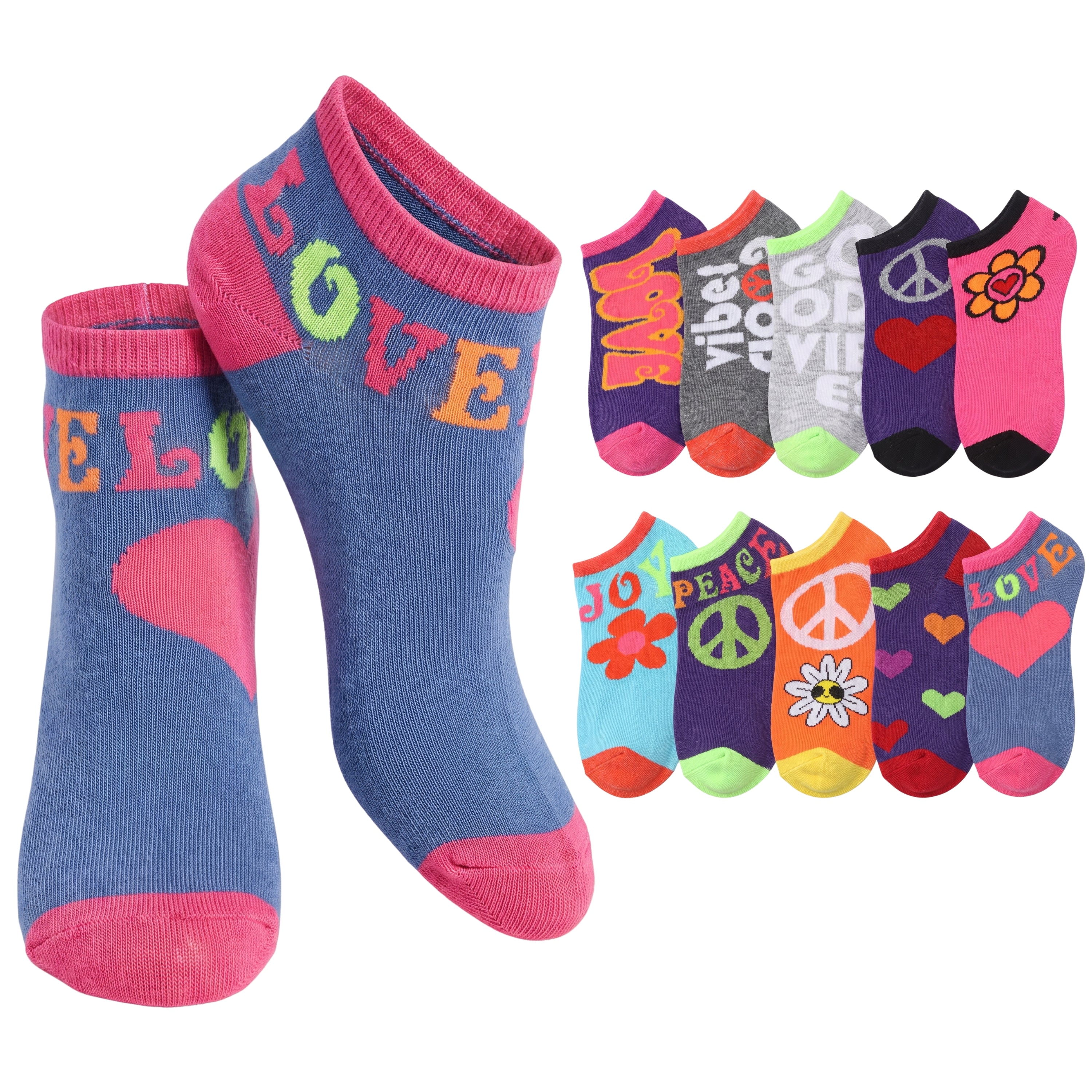 A pair of low-cut socks shown on a white background, with additional color variants arranged to the right. The main sock is blue with pink toe and cuff areas, and the word LOVE is knitted in multicolor letters across the top.