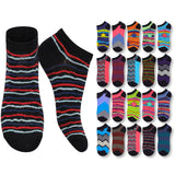 Colorful striped socks with a selection of patterned socks on a white background