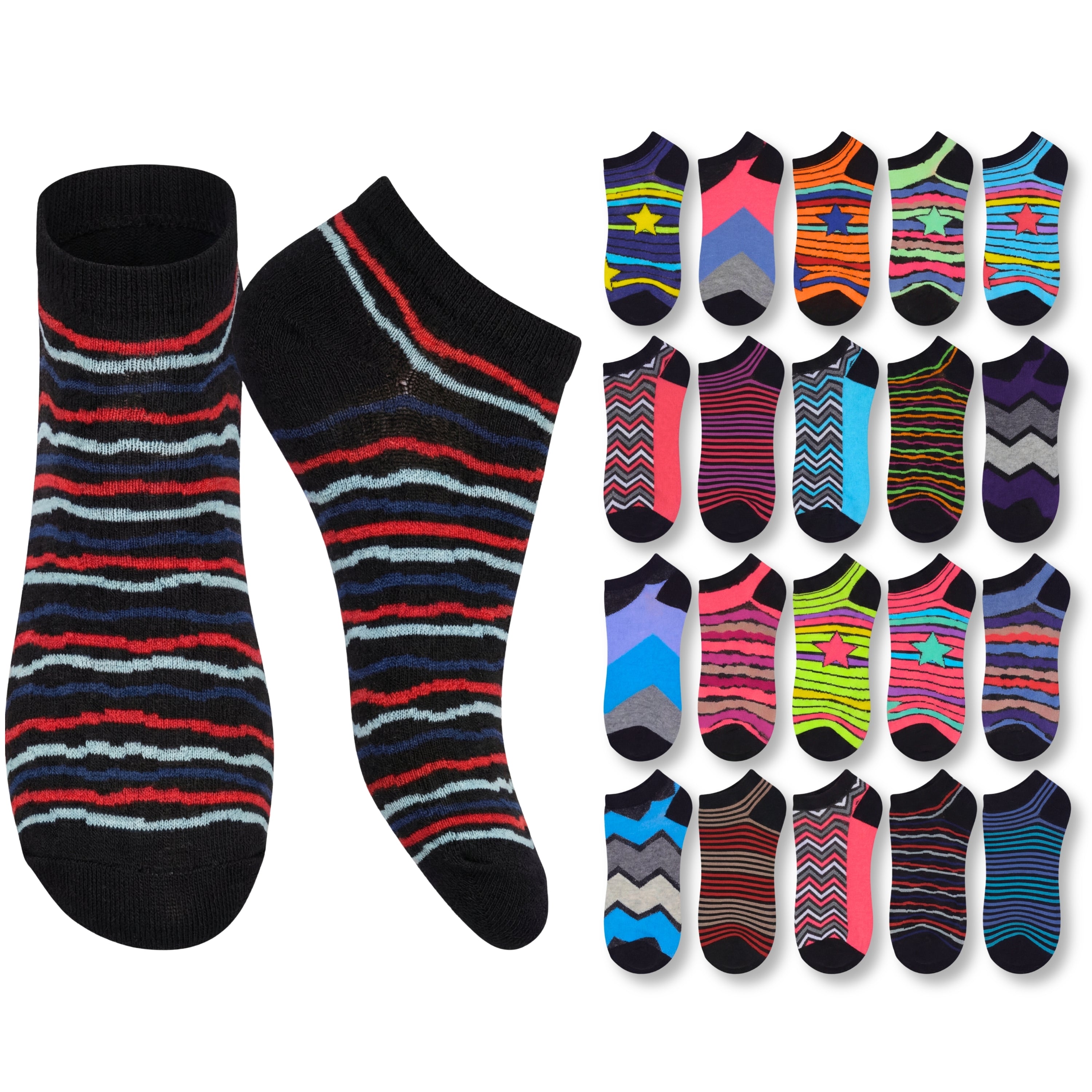Colorful striped socks with a selection of patterned socks on a white background