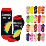 Colorful socks with various designs and text on a white background