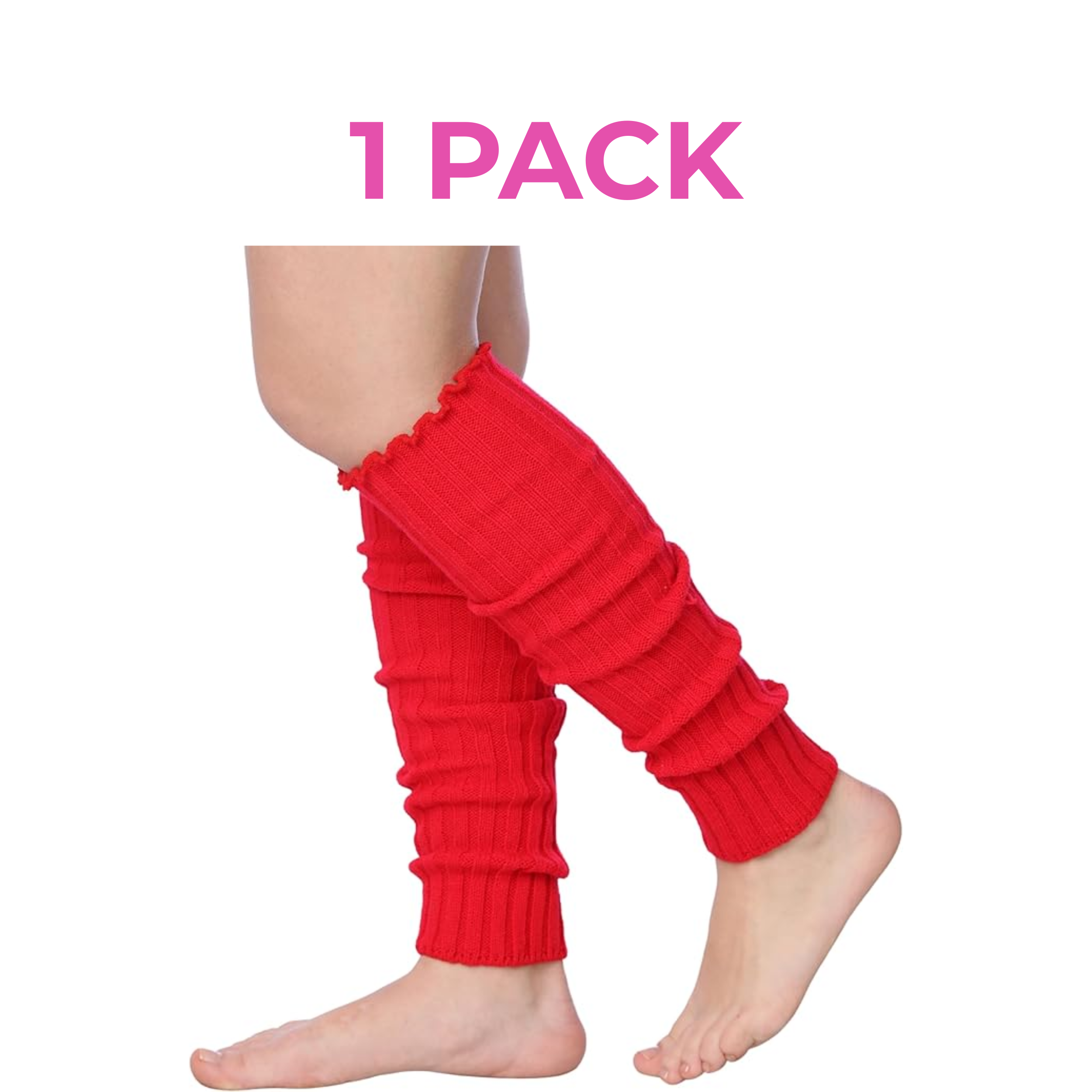 Red leg warmers worn by a person on a white background with '1 Pack' text.