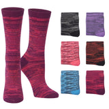 A pair of crew socks in a heathered magenta and purple stripe pattern, shown next to six smaller color options in black, purple, pink, orange, blue, and burgundy.