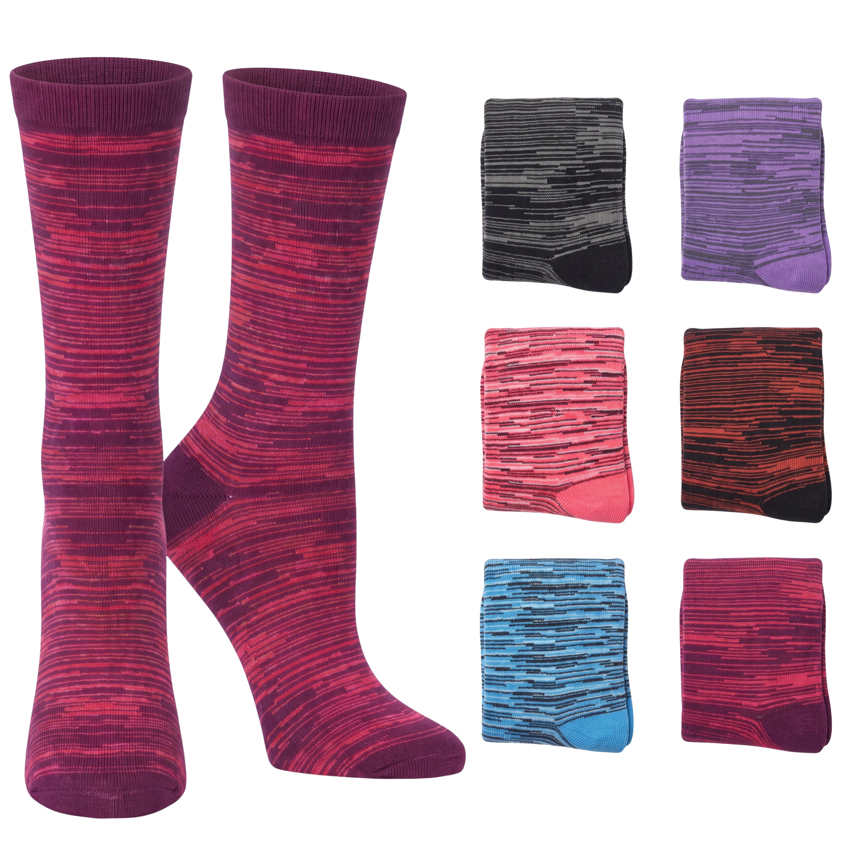 A pair of crew socks in a heathered magenta and purple stripe pattern, shown next to six smaller color options in black, purple, pink, orange, blue, and burgundy.
