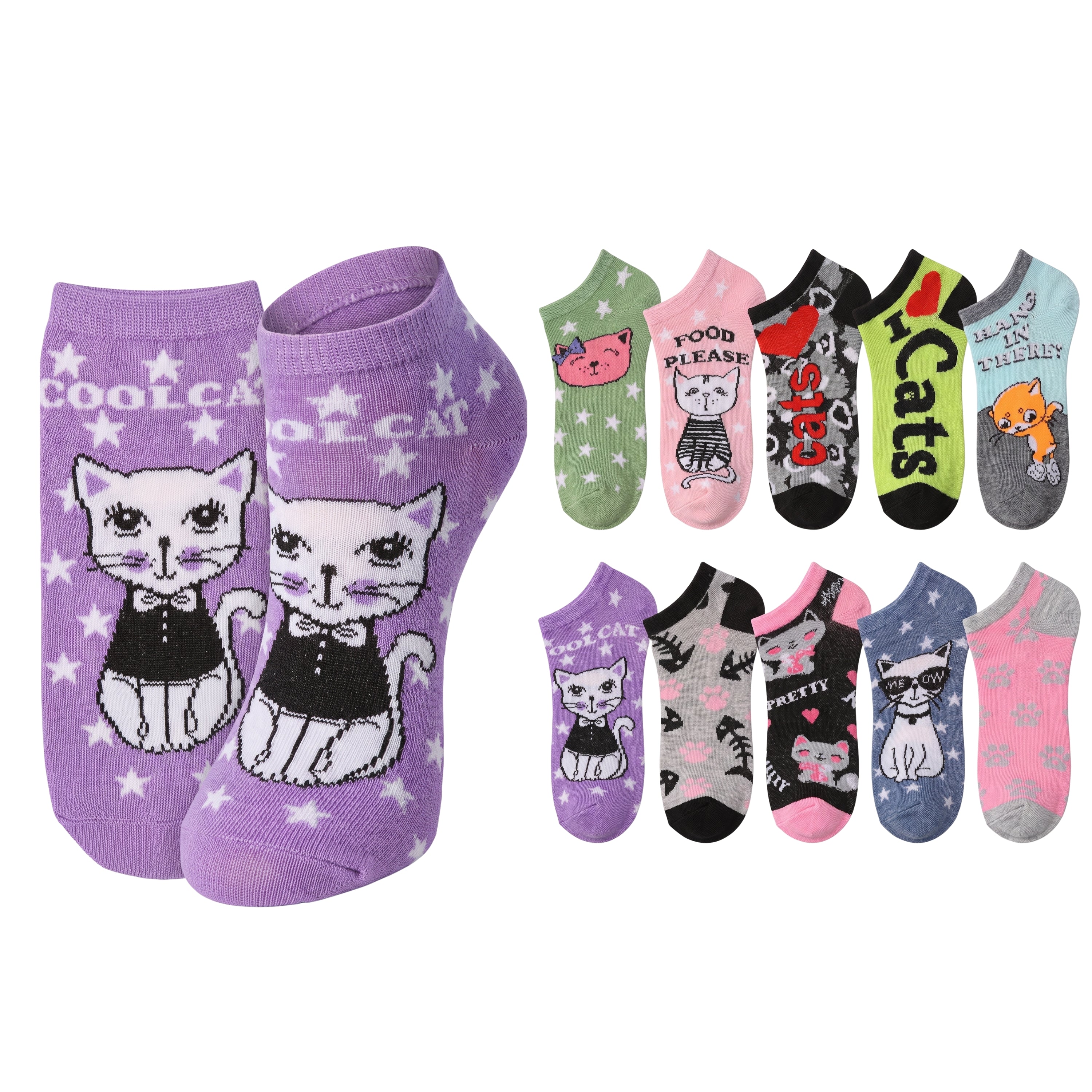 A set of low-cut ankle socks featuring a cat theme, shown in two groups: a larger purple pair with white stars and a white cat wearing a black bow, and a smaller multi-pack of assorted socks in green, pink, black, blue, and gray, each with a different cat graphic.