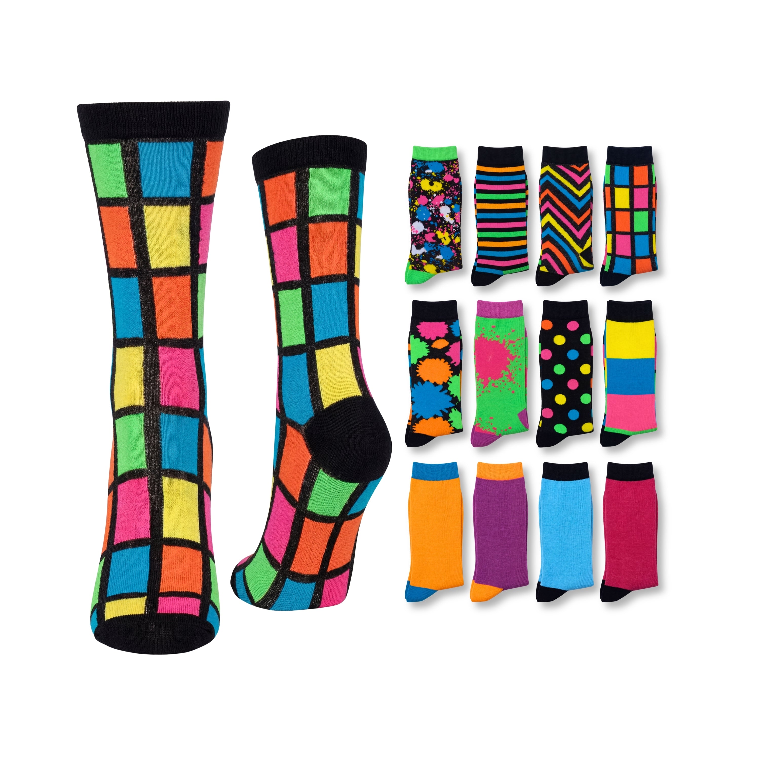 Colorful socks with various patterns on a white background