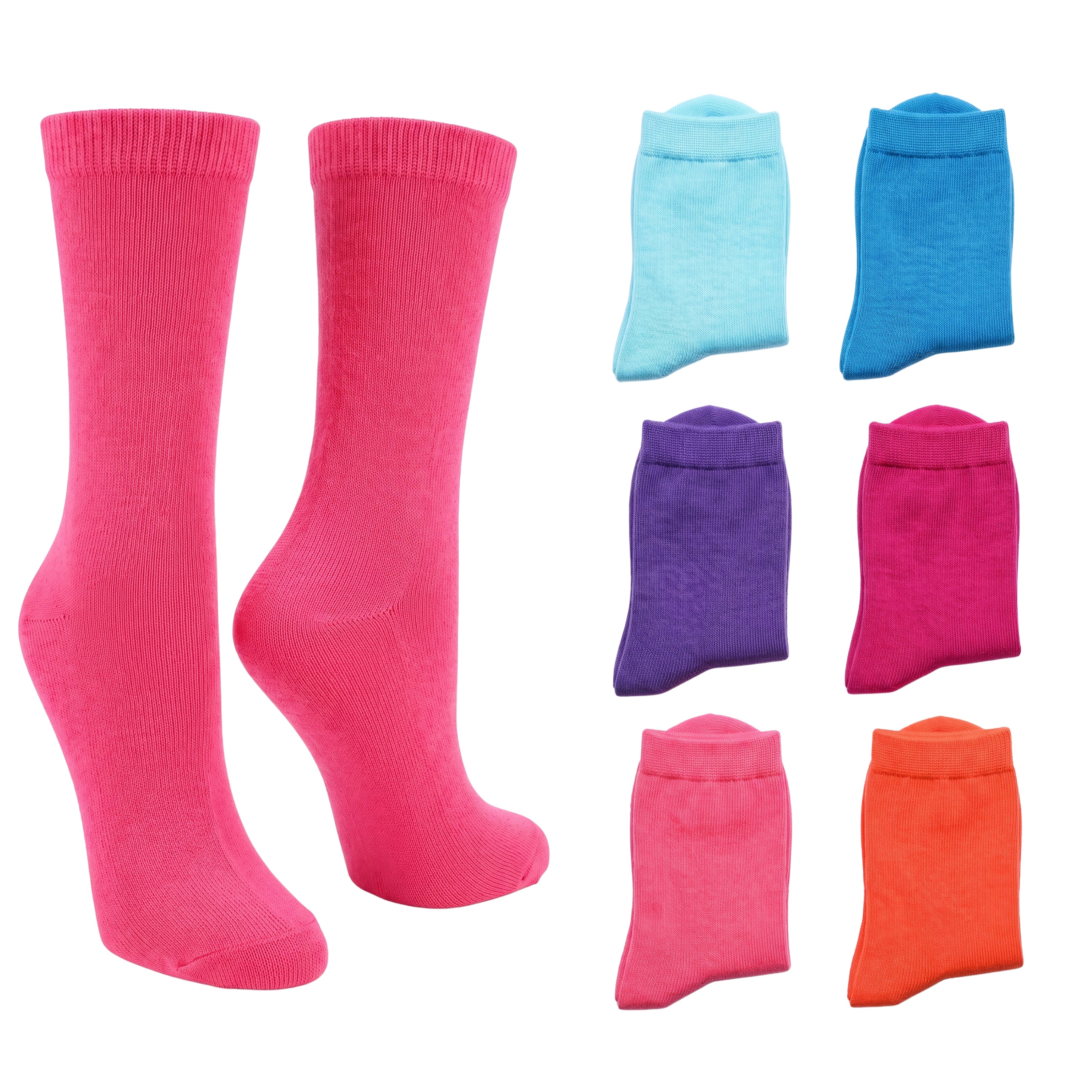 A pair of bright pink crew socks displayed prominently on the left, with six additional color options shown folded on the right in light blue, royal blue, purple, magenta, pink, and orange.
