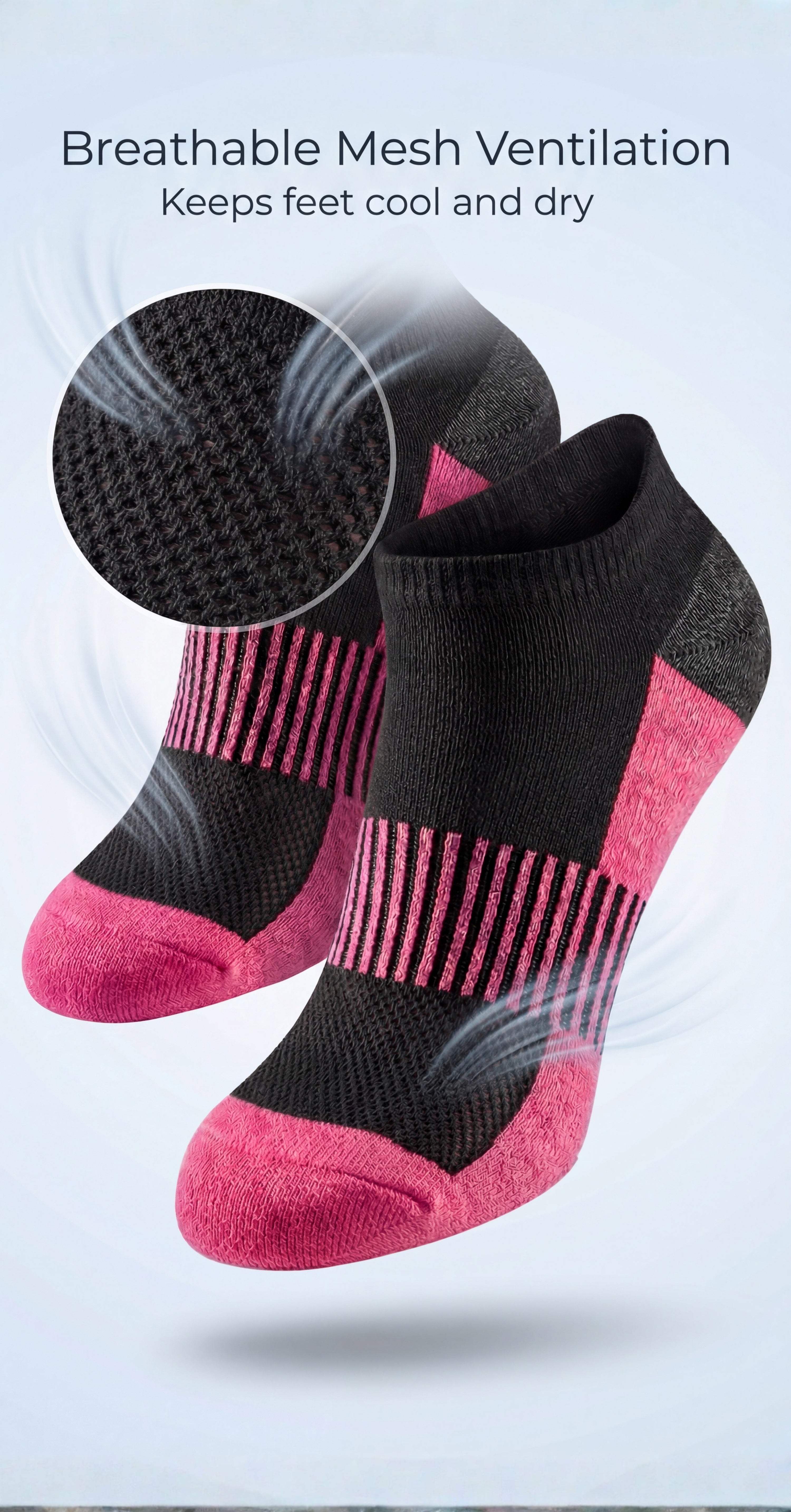 Black and pink socks with breathable mesh design on a light gray background