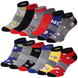 Assorted pairs of colorful socks with sports-themed designs on a white background
