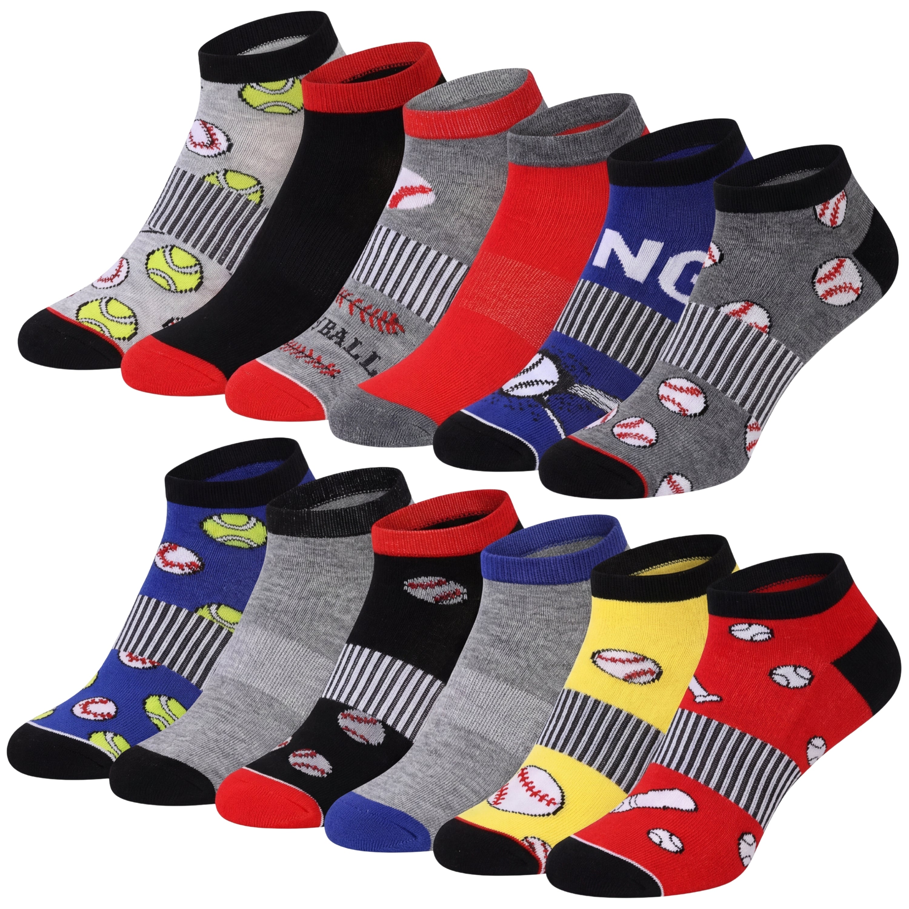 Assorted pairs of colorful socks with sports-themed designs on a white background