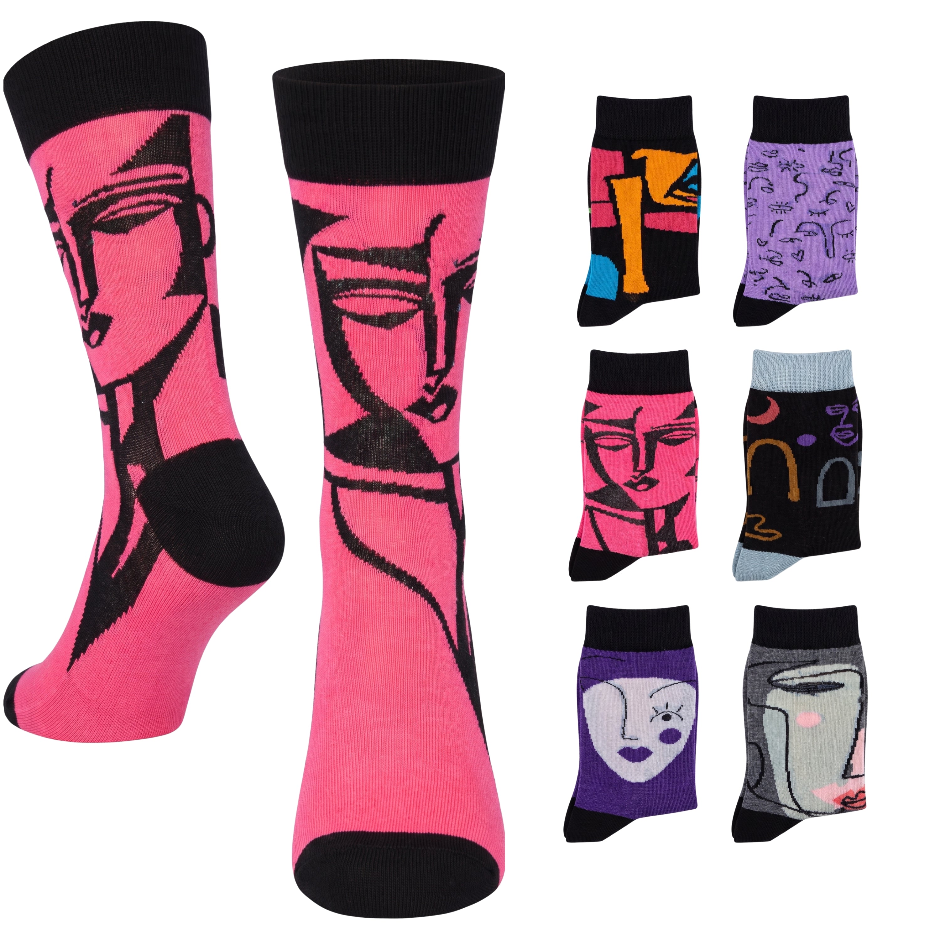 A set of crew socks displayed on a white background, featuring a large pair in the foreground and six smaller color/style variants arranged along the right side. The main socks have a bold pink and black graphic design of a stylized face.