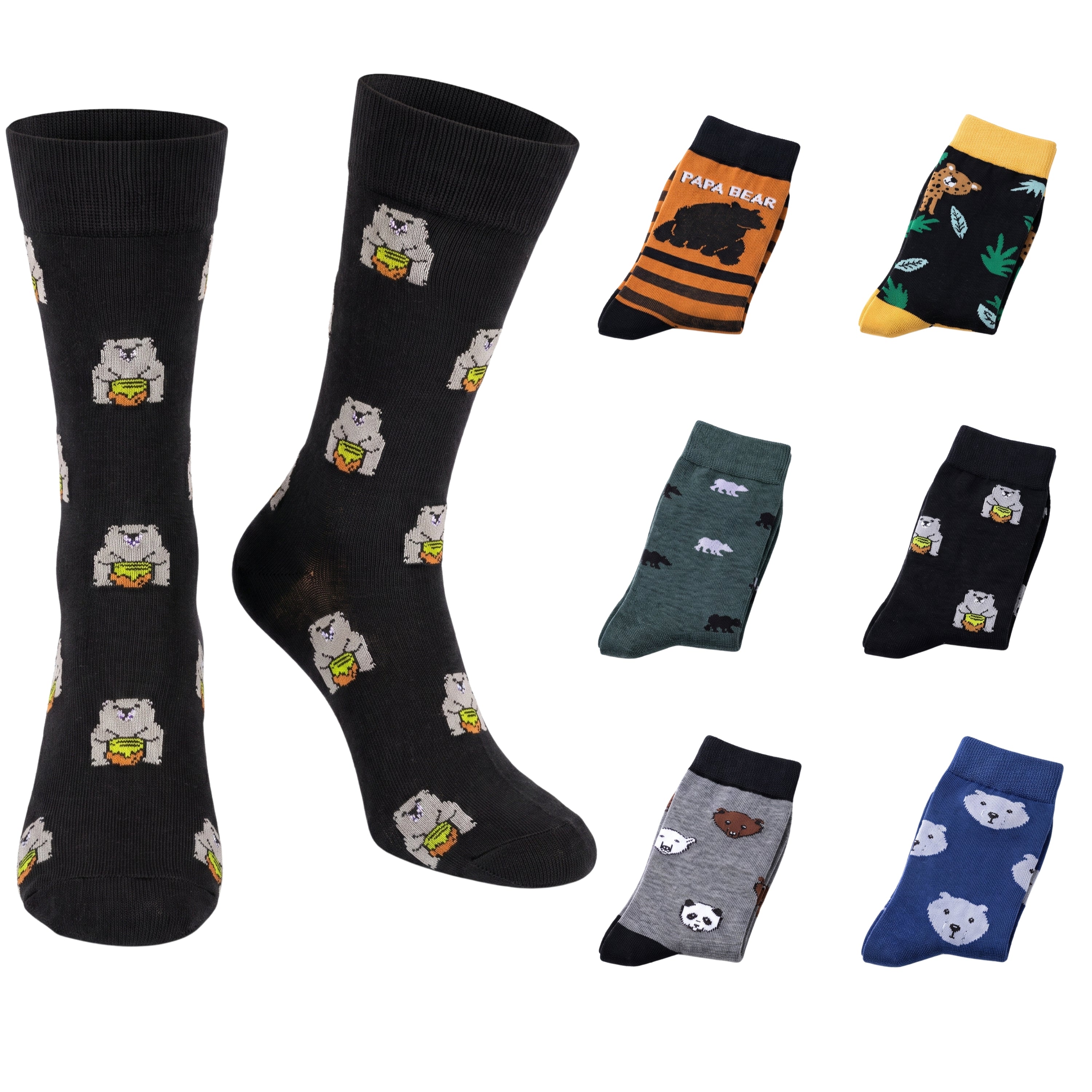 A set of novelty crew socks featuring a cute cartoon polar bear eating a hotdog. The main pair is black with white polar bears, while the six alternate colorways shown around them include orange, yellow, green, gray, black, and blue, each with their own animal-themed patterns.
