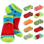 A set of colorful low-cut socks shown on a white background, with two large watermelon-patterned socks on the left and nine smaller fruit-patterned socks arranged on the right. The designs include watermelon, pineapple, strawberry, orange, banana, and other fruit motifs in bright colors.