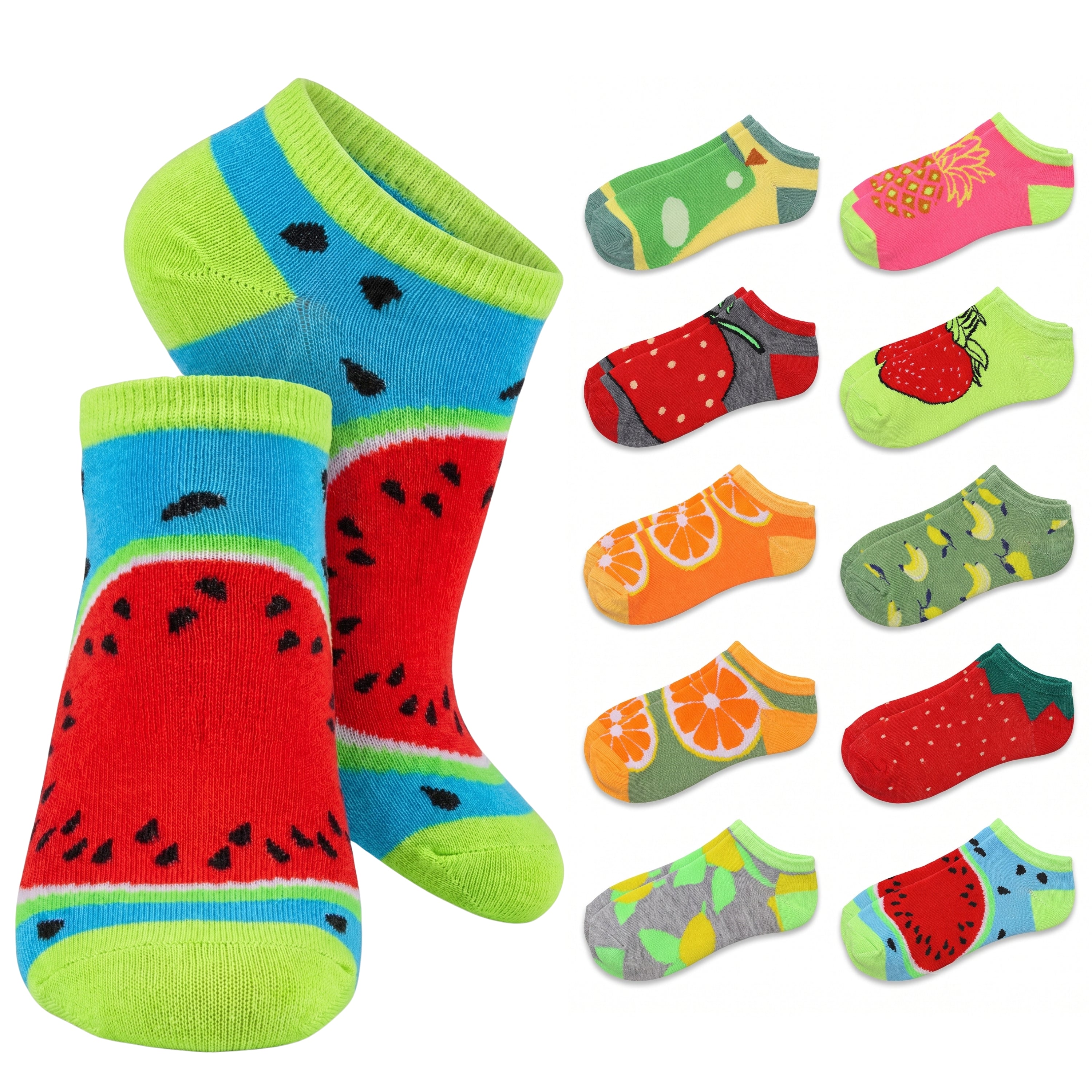 A set of colorful low-cut socks shown on a white background, with two large watermelon-patterned socks on the left and nine smaller fruit-patterned socks arranged on the right. The designs include watermelon, pineapple, strawberry, orange, banana, and other fruit motifs in bright colors.